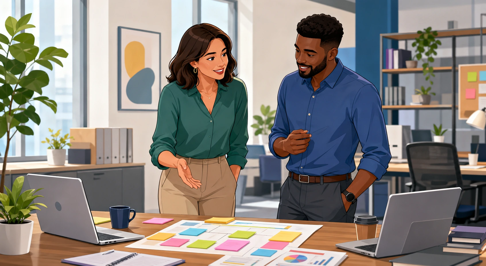 A woman project manager and a man coworker stand beside a desk with laptops and sticky notes, reviewing progress in a modern office.