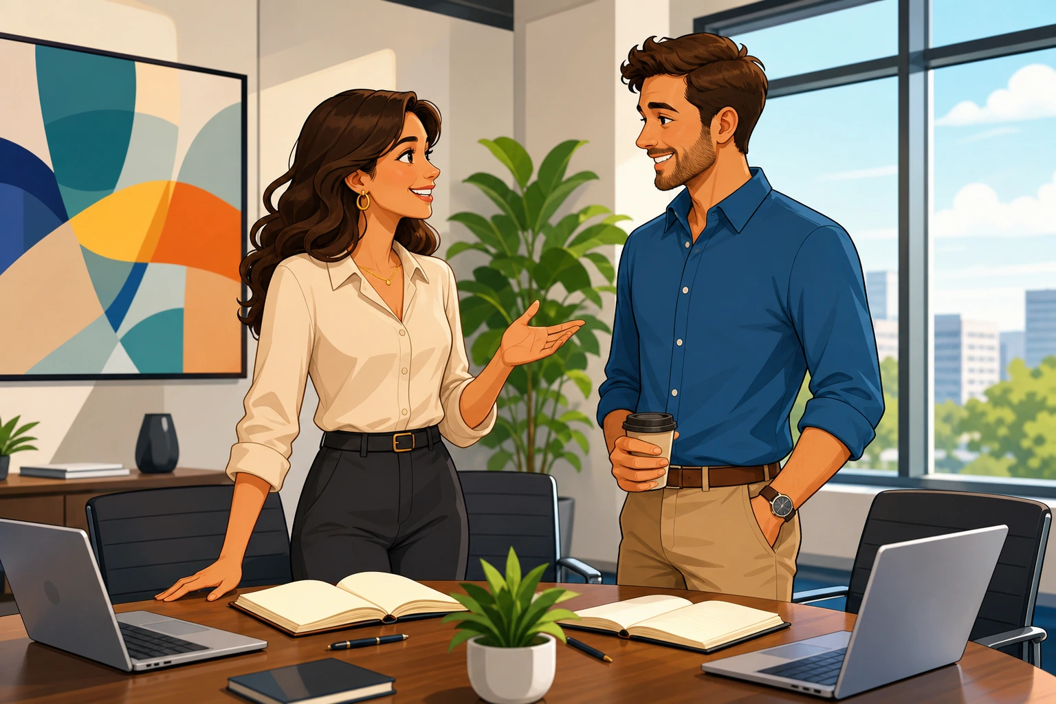 A woman and a man stand by a conference table in a bright office, with notebooks open and laptops nearby as they wrap up a work meeting.