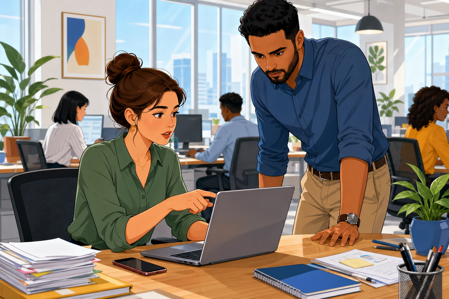 A woman at a busy office desk shows a laptop email to a man standing beside her, with papers and a phone nearby, both focused and serious.