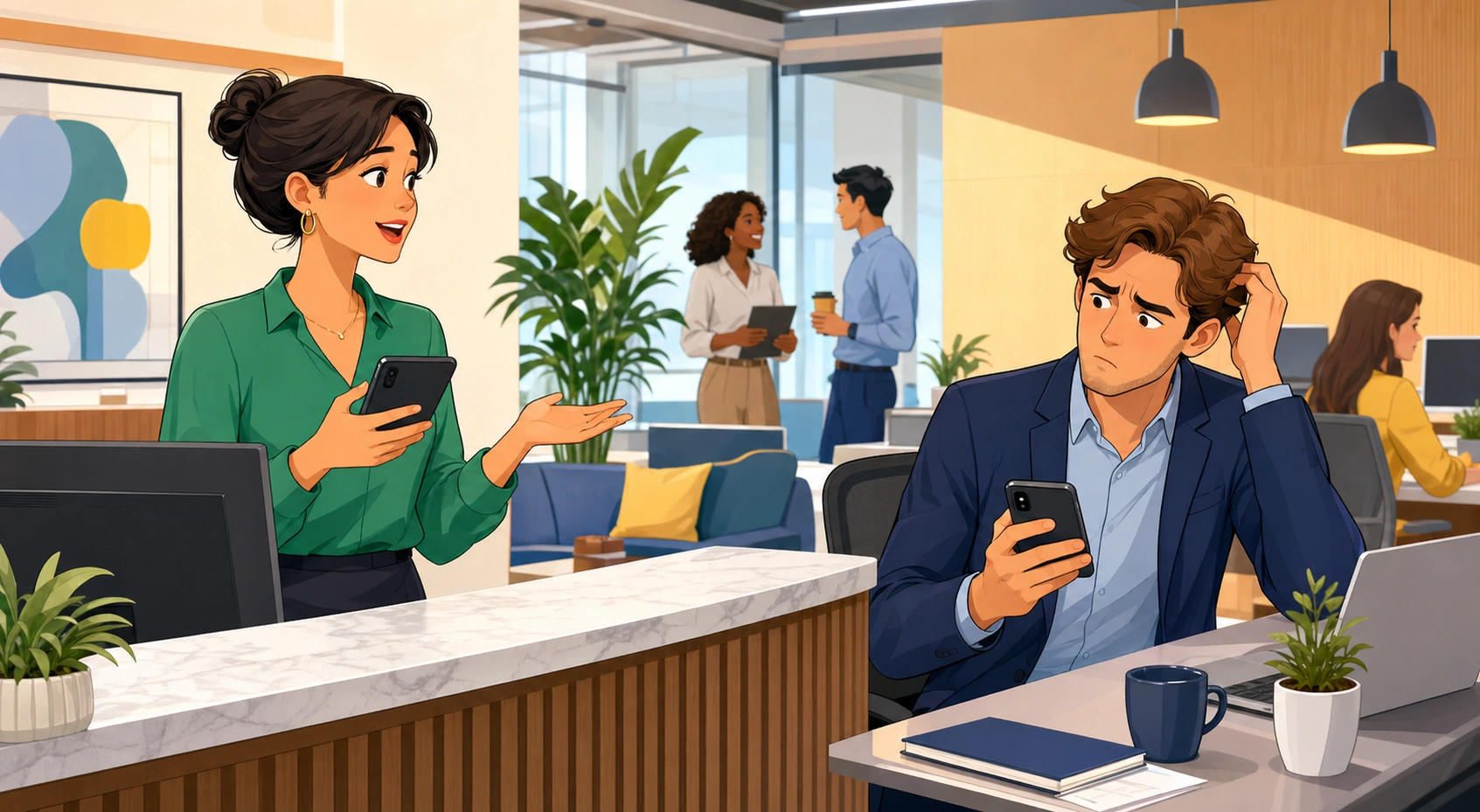 A woman at a modern office reception desk holds a smartphone and speaks politely, while a confused man in a blazer sits at another desk looking at his phone.