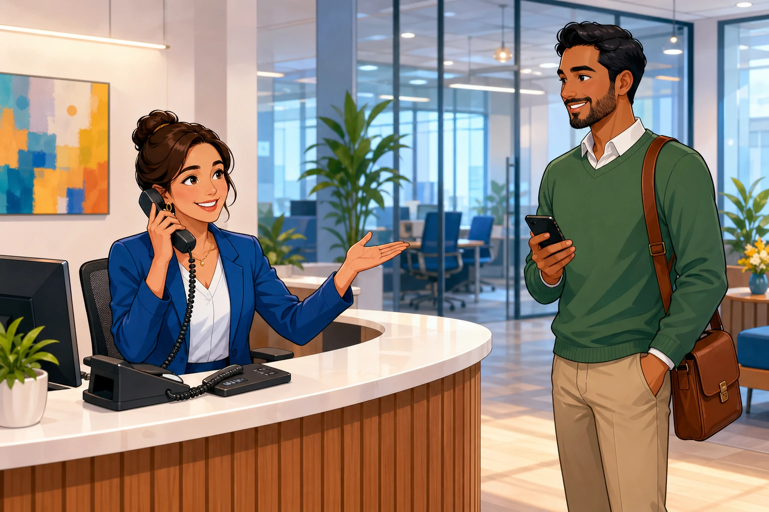 A professional woman at a reception desk in a modern office answers a desk phone while a man waits nearby with his own phone, and she gestures politely as she transfers the call.