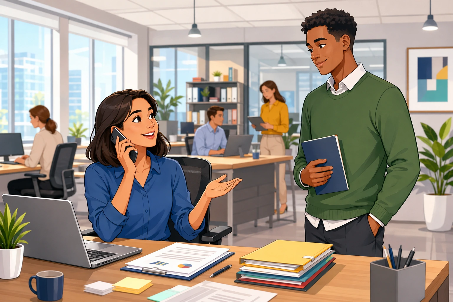 A woman at an office desk speaks on the phone while a man stands nearby waiting, with a laptop, papers, and a busy workplace in the background.