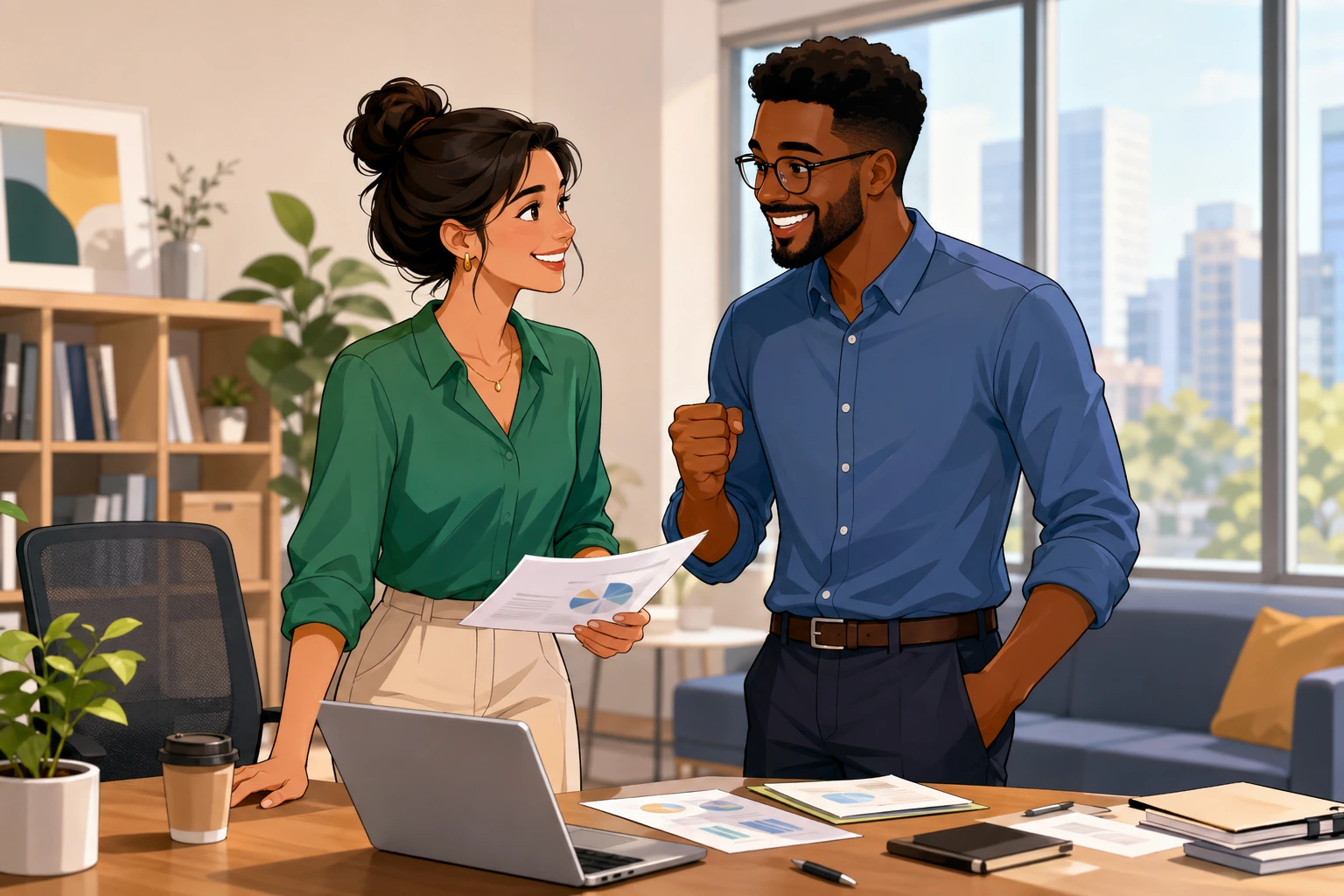 A woman and a man in a modern office stand beside a desk with papers and a laptop, smiling after finishing a report together.