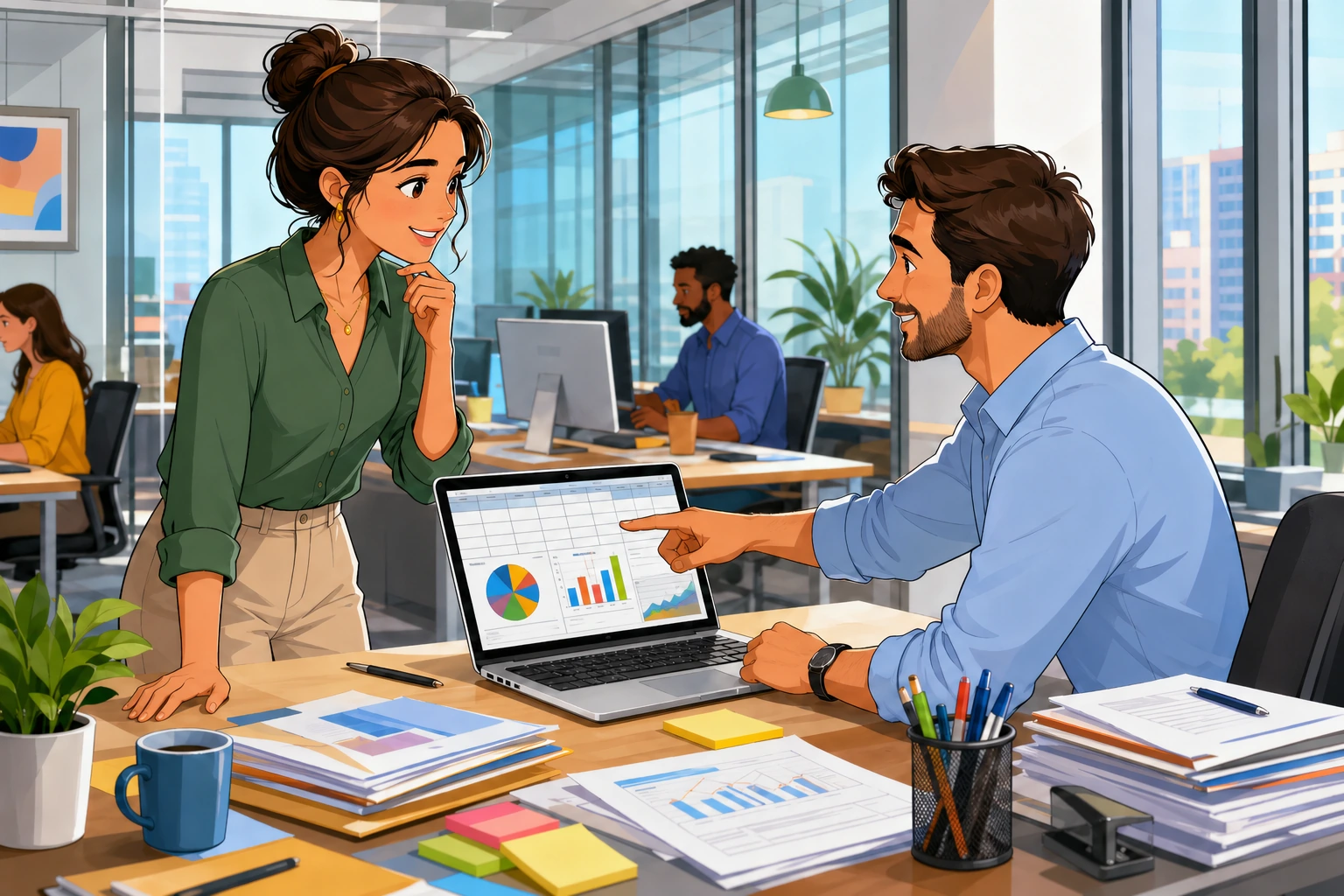 A young woman stands by a cluttered office desk with a laptop and papers, while a man in a shirt points at a spreadsheet on the screen in a bright modern workplace.