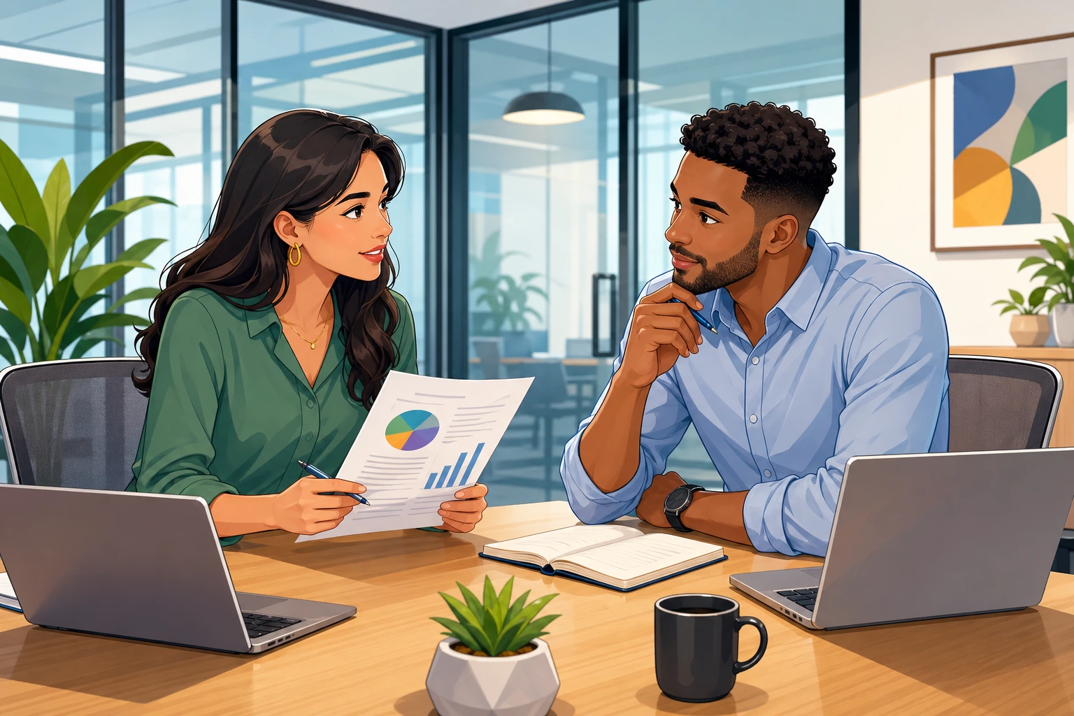 A woman and a man sit across from each other in a modern office meeting room, looking at a printed proposal and talking quietly with laptops and notebooks on the table.