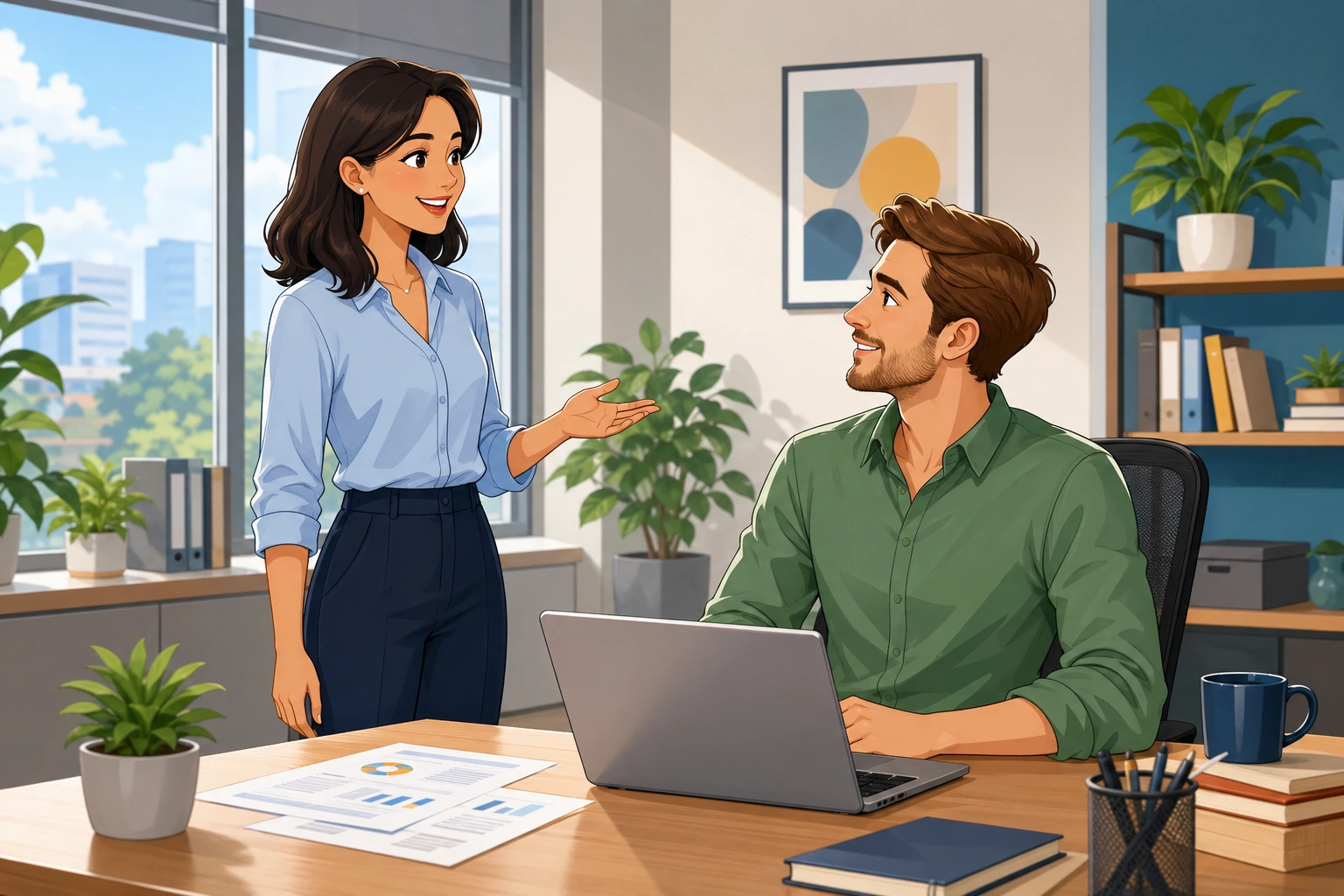 A woman in a work blouse stands beside a desk in a bright office, speaking to a male coworker who has turned from his computer while papers and a laptop sit between them.
