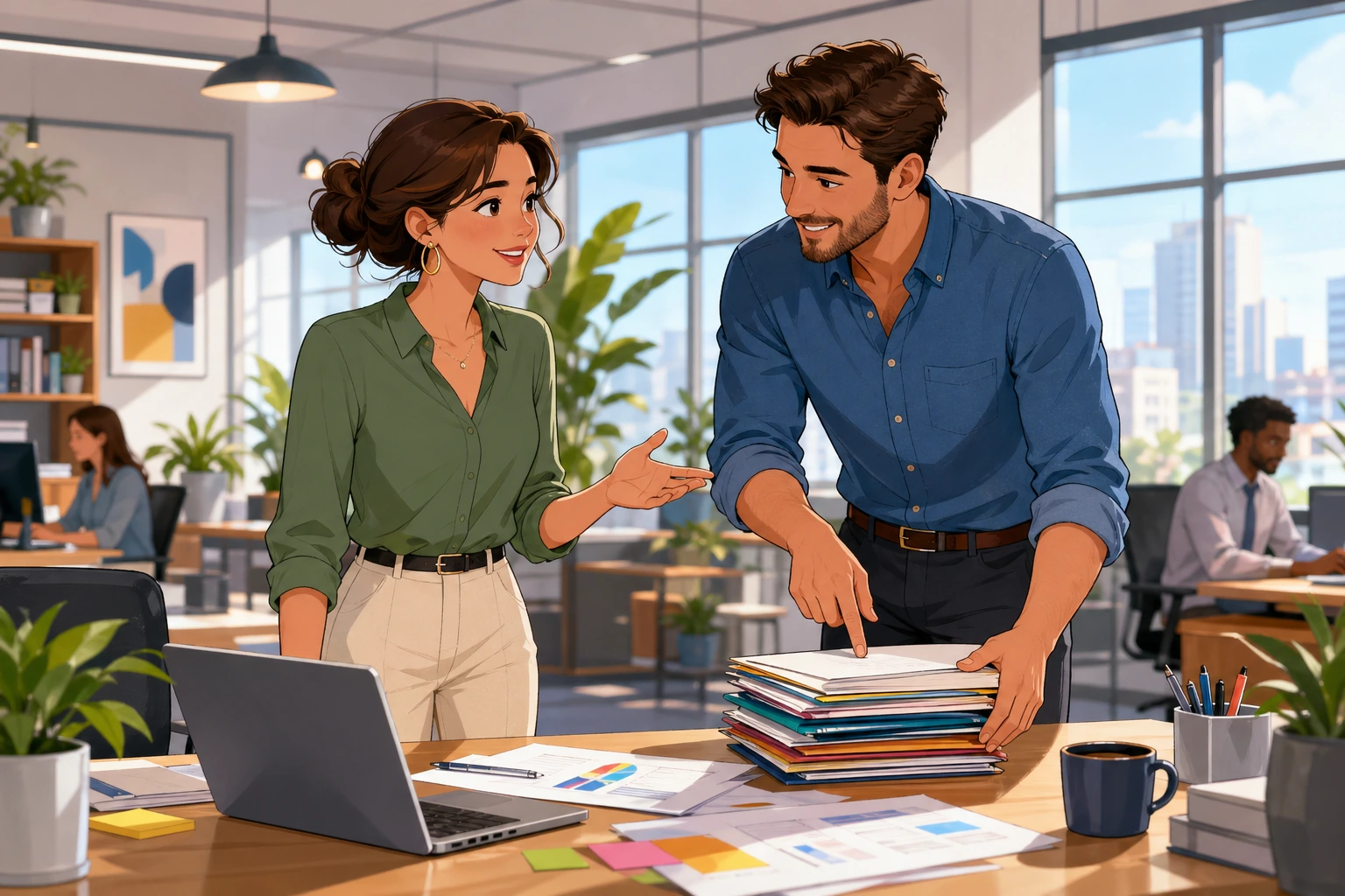 A female office worker stands beside a desk with papers and a laptop while a male coworker points at a small stack of files in a bright modern office.