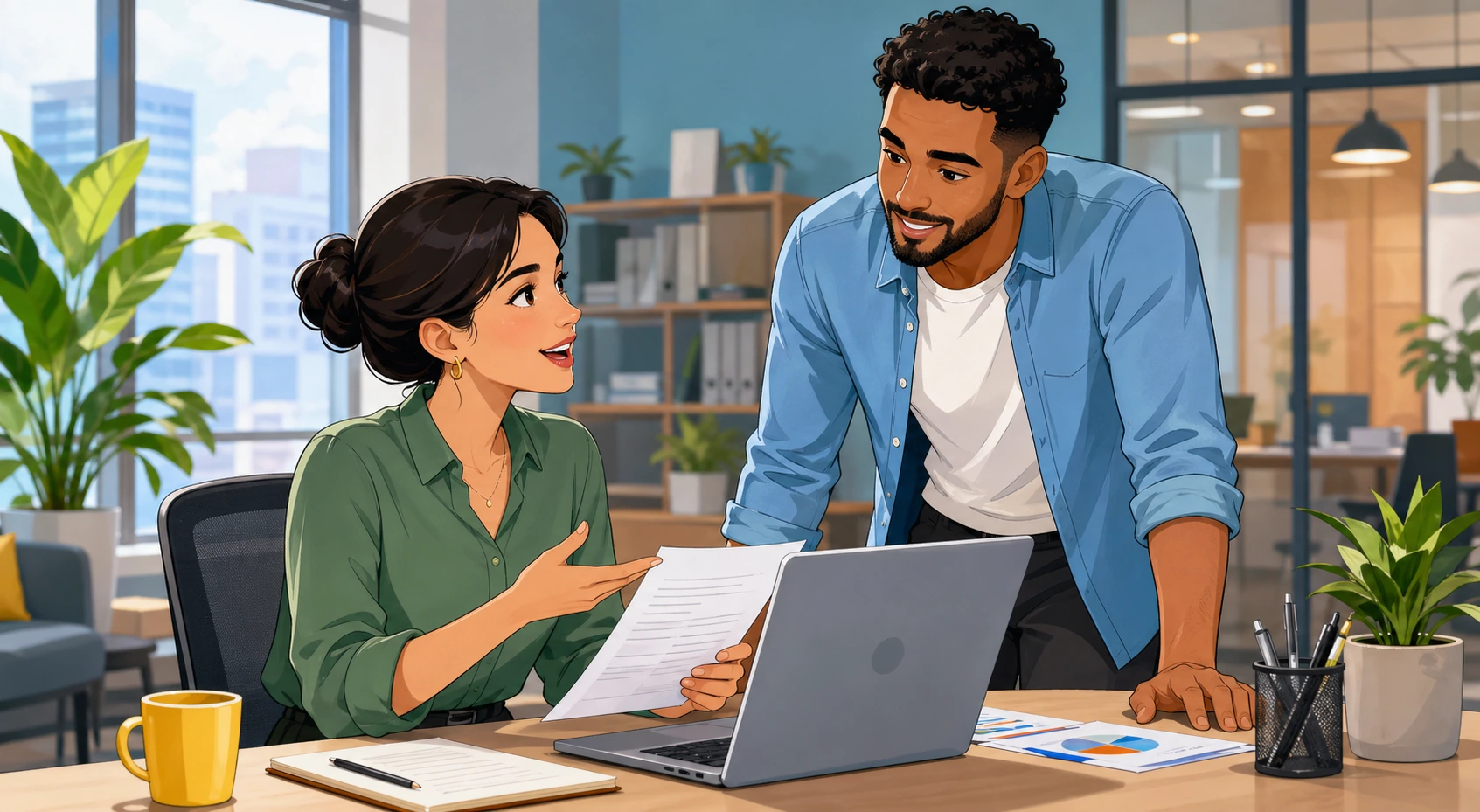 A woman at a desk speaks with a man standing beside her in a modern office while they look at documents on a laptop.