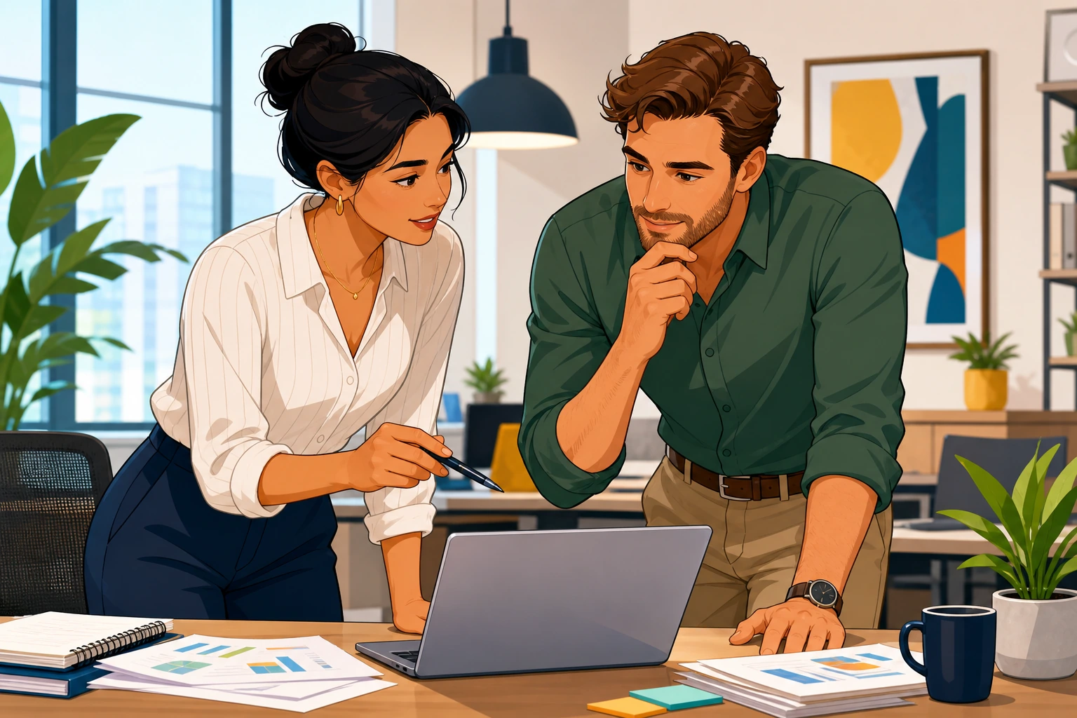 A professional woman in a modern office stands beside a man near a desk with a laptop and papers, both leaning in as they discuss a follow-up email.
