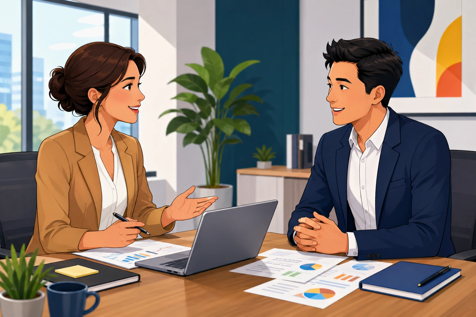A woman in office clothes sits across from a man at a desk with printed reports and a laptop, both speaking calmly in a modern meeting room.