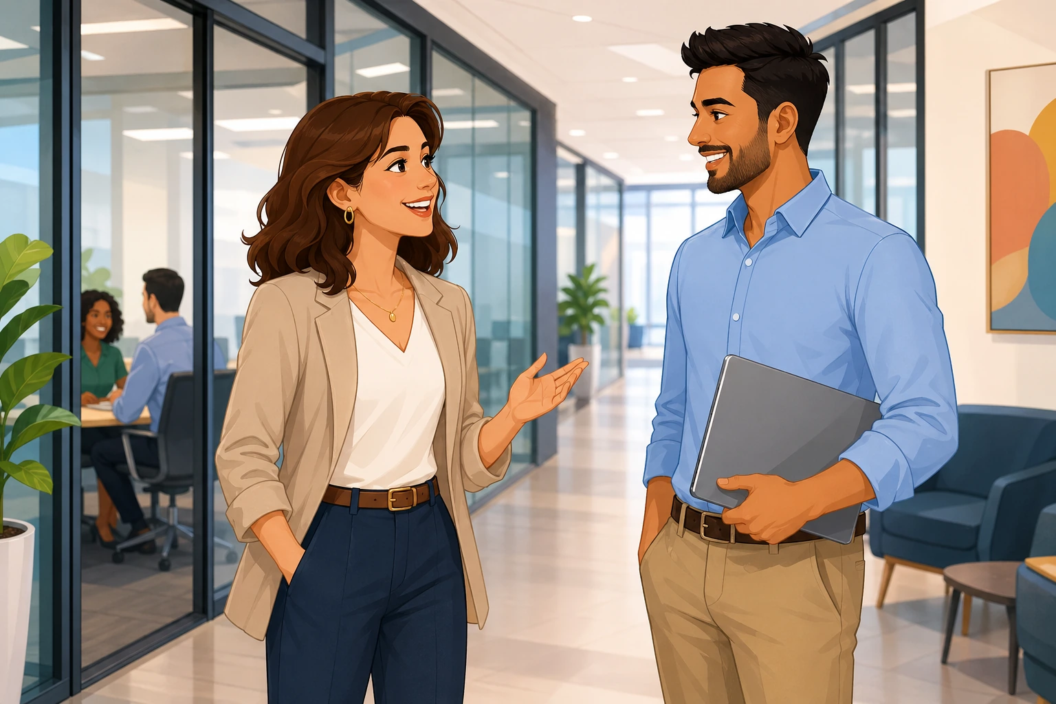 A woman in business casual and a man with a laptop stand in a bright office hallway, smiling as they reconnect near glass meeting rooms.