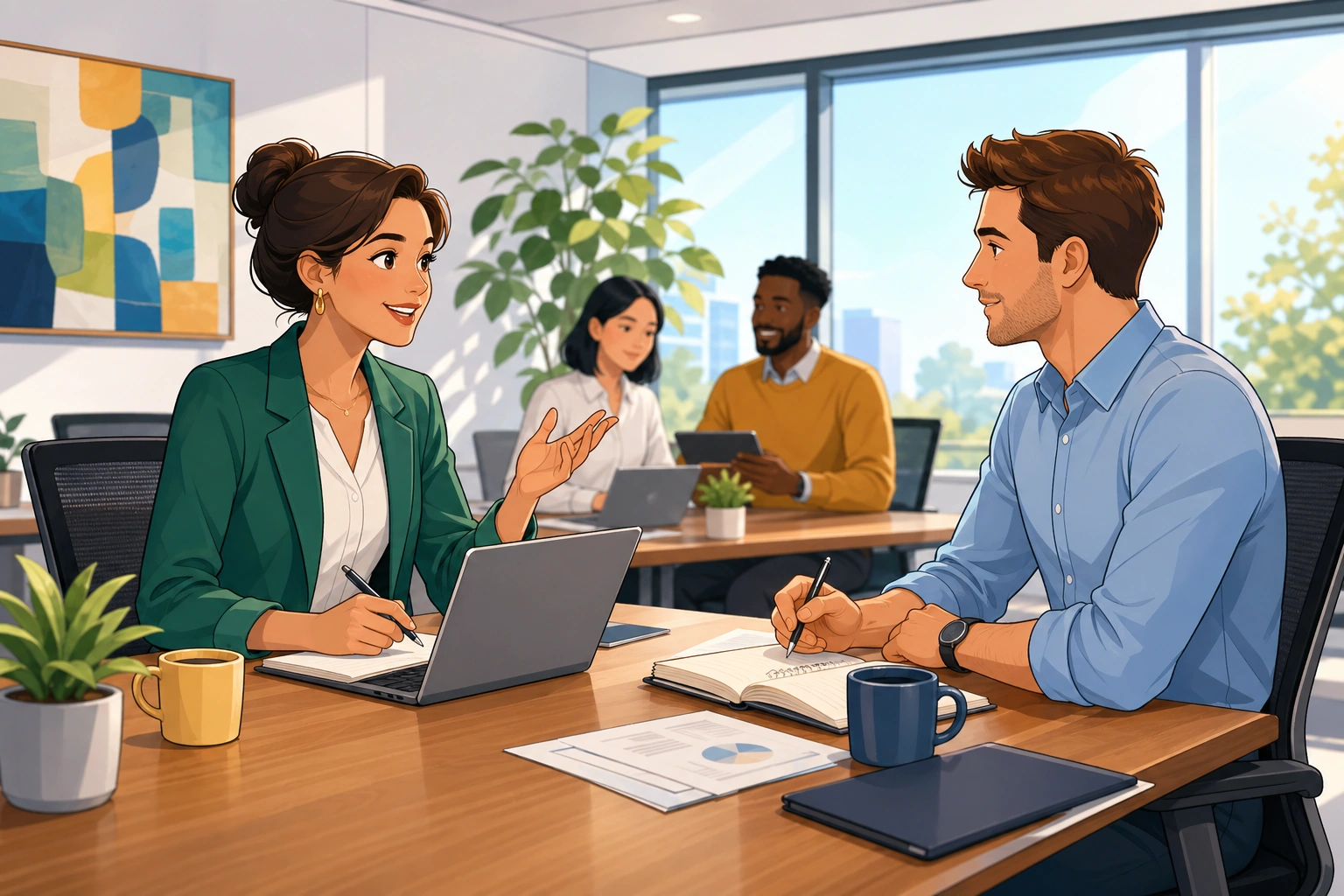 A professional woman leads a morning meeting in a bright office conference room while a man sits across from her with a notebook, both focused on the discussion.