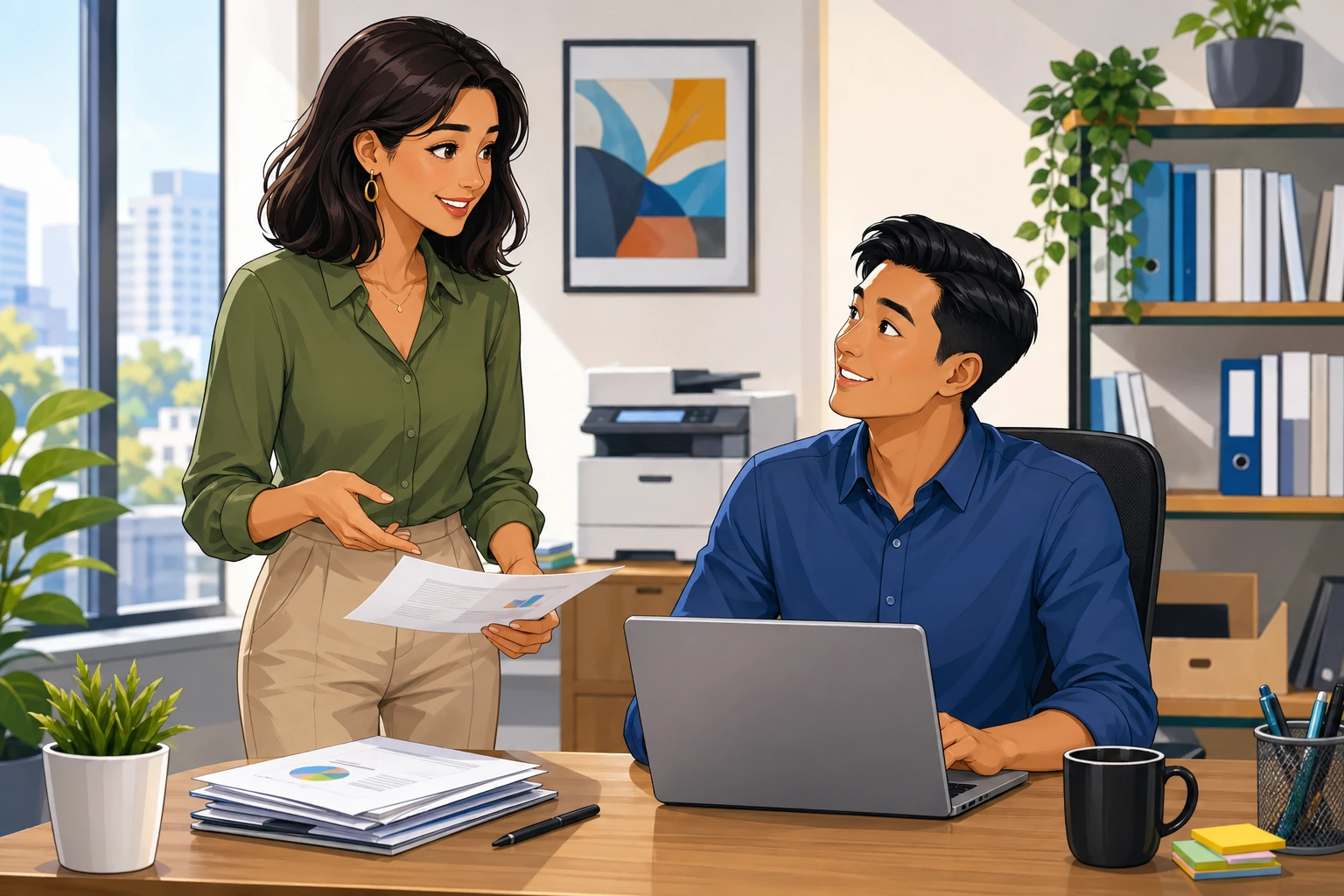 A woman in a modern office stands beside a desk with papers while a male coworker looks up from his laptop, with a printer and office shelves in the background.
