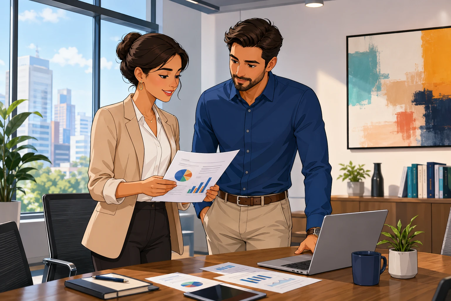 A professional woman and a man stand beside a conference table in a modern office, looking at printed documents and a laptop during a calm meeting.