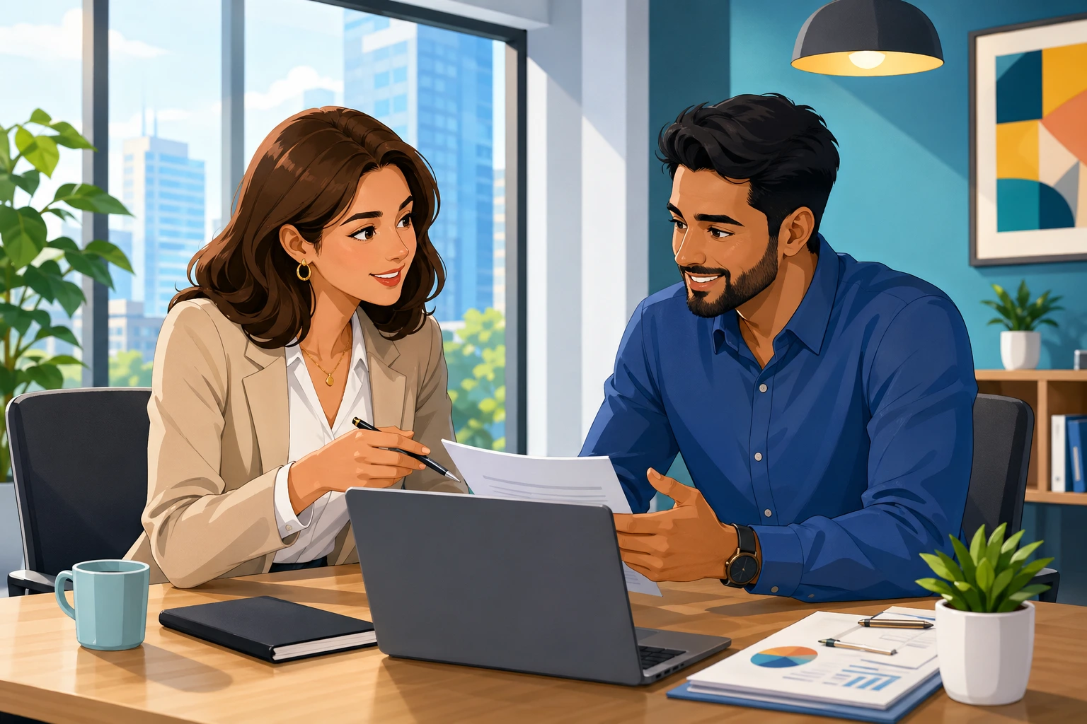 A woman in business clothes sits across from a man in a modern office meeting room, both leaning over a laptop and papers while discussing a contract.