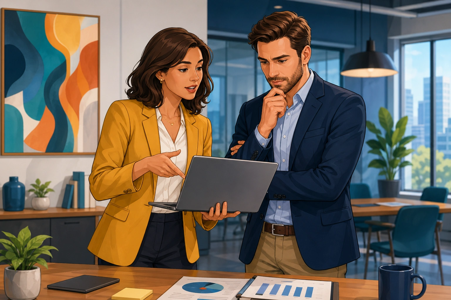 A female project manager and a male client stand near a meeting table in a modern office, looking at a laptop and discussing a deadline with calm but firm expressions.