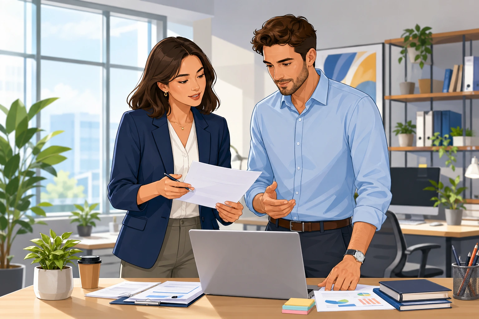 A woman in a blazer and a man in a button-down shirt stand beside a desk in a bright office, reviewing papers and a laptop during a focused work discussion.