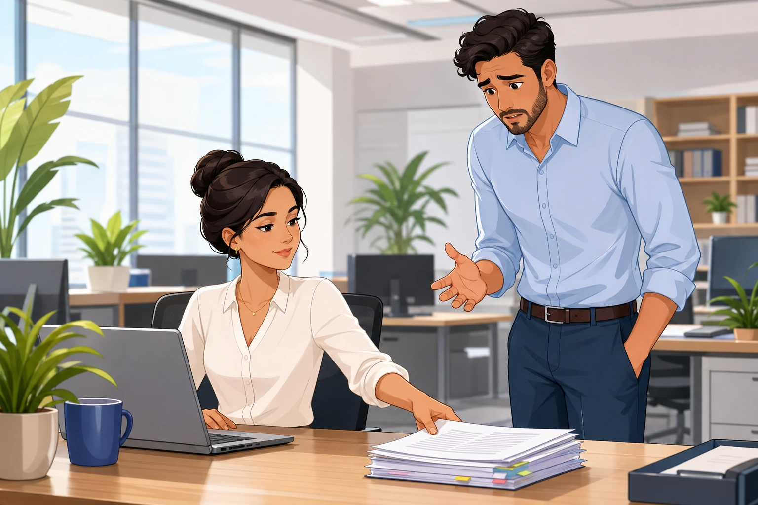 A woman at a desk calmly reaches for a stack of papers while a worried man stands beside her in a bright modern office.