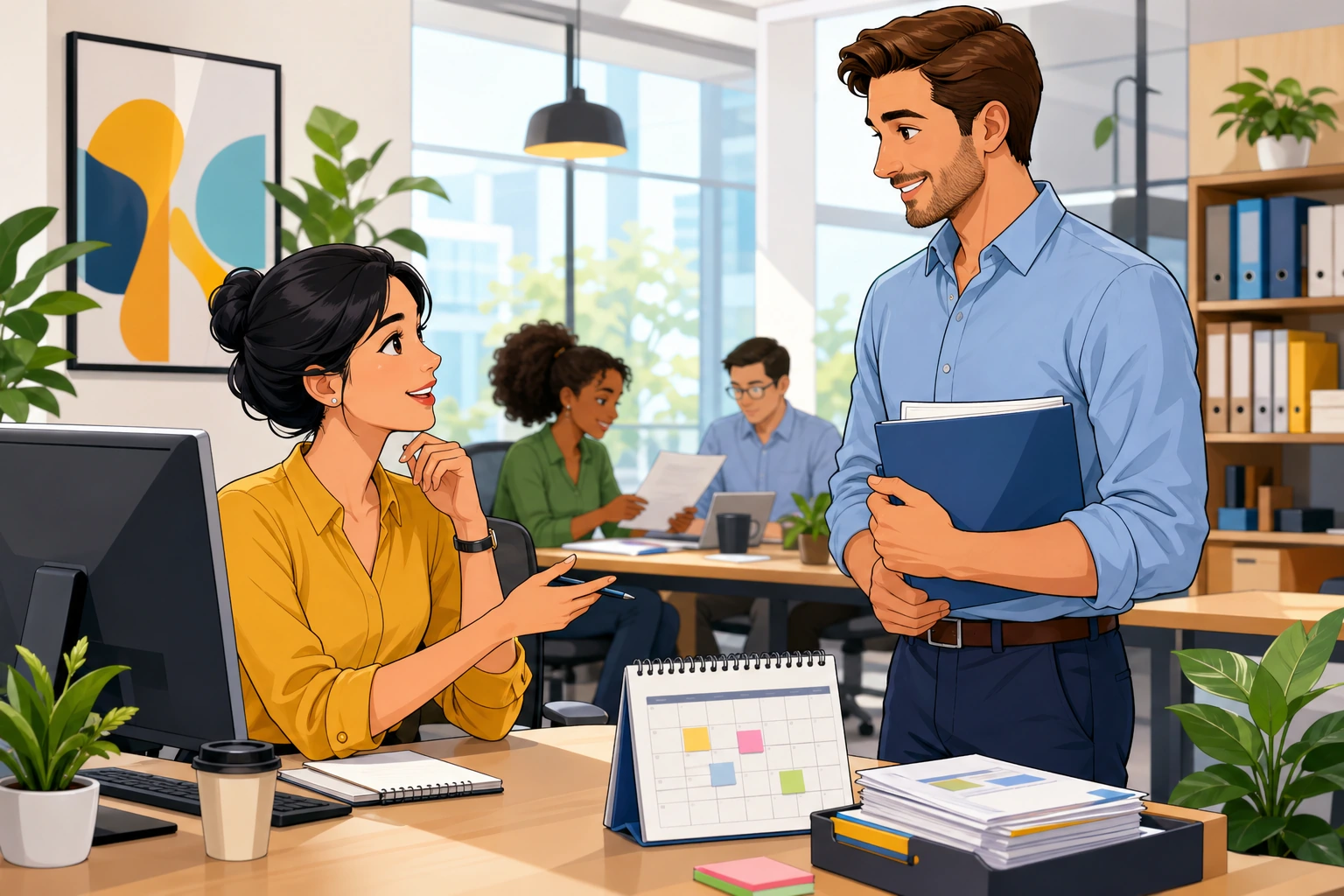 A focused woman at a modern office desk talks with a man holding a folder near a computer and calendar, with coworkers and paperwork in the background.