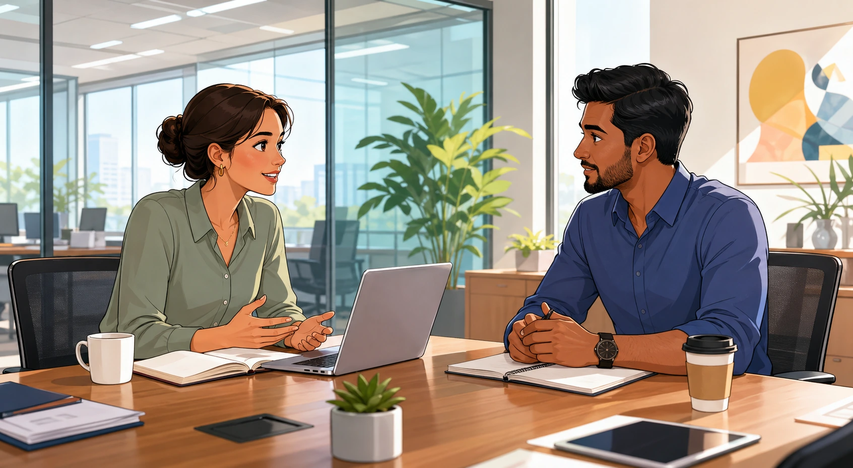 A woman and a man sit in a bright office conference room with a laptop, notebooks, and coffee cups, while the woman leans forward politely and the man looks across the table during a team meeting.