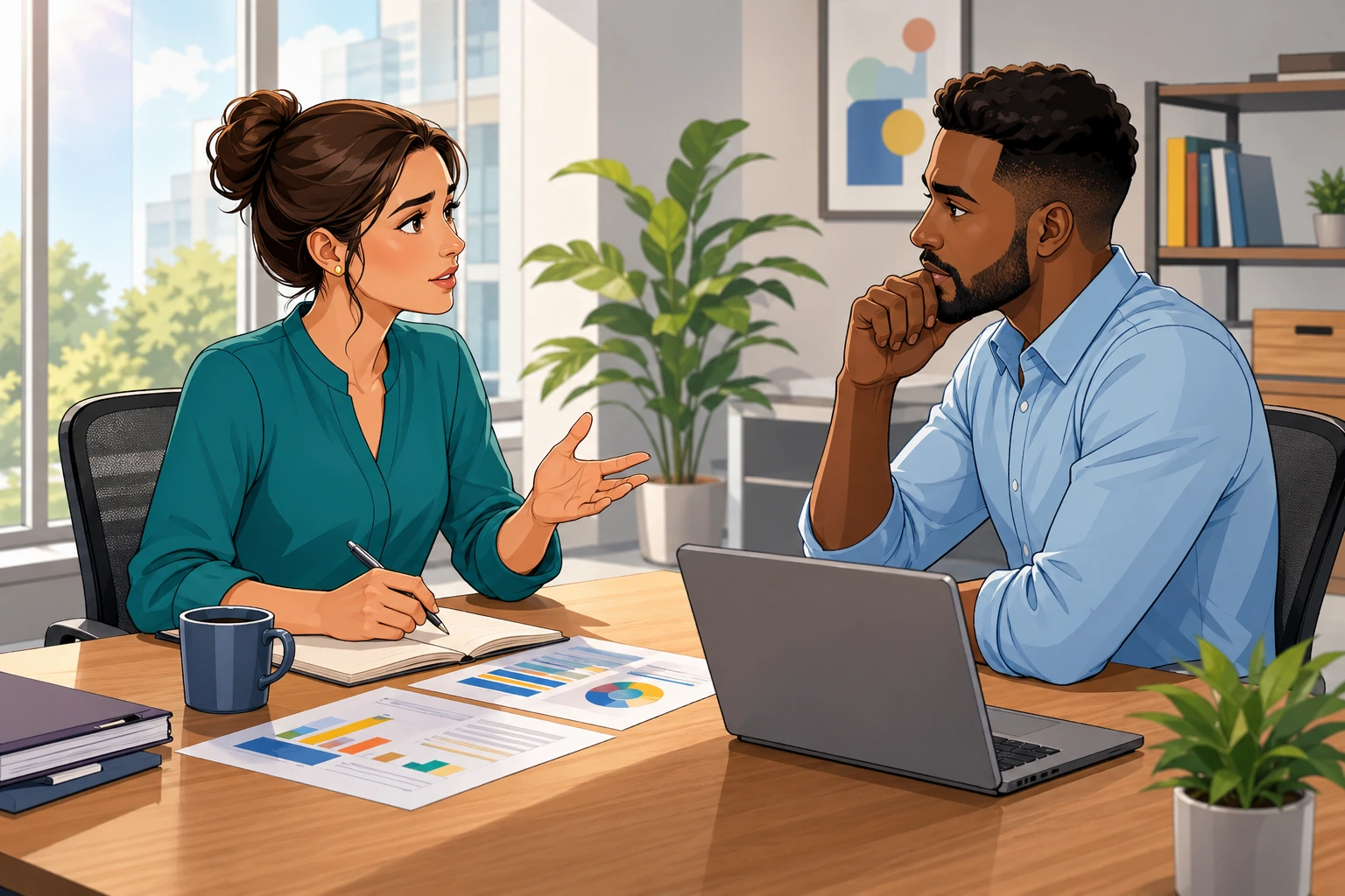 A woman and a man sit across from each other in a bright office with a laptop and printed reports on the table, speaking seriously during a feedback meeting.