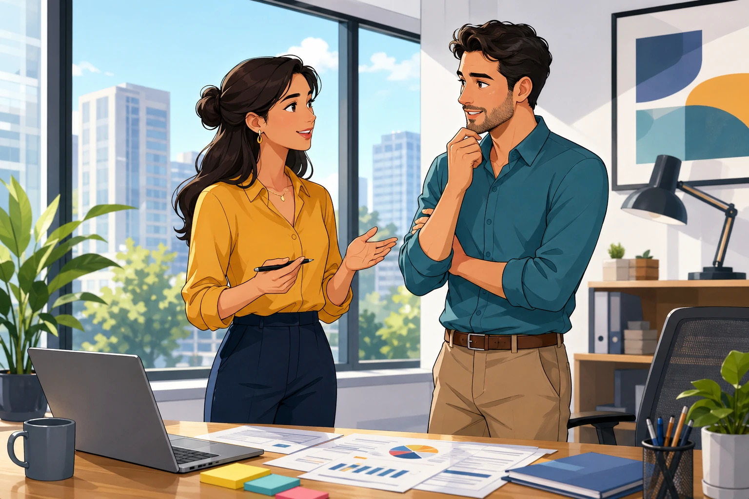 A woman and a man in a modern office standing by a desk with papers and a laptop, calmly discussing a deadline near a window.