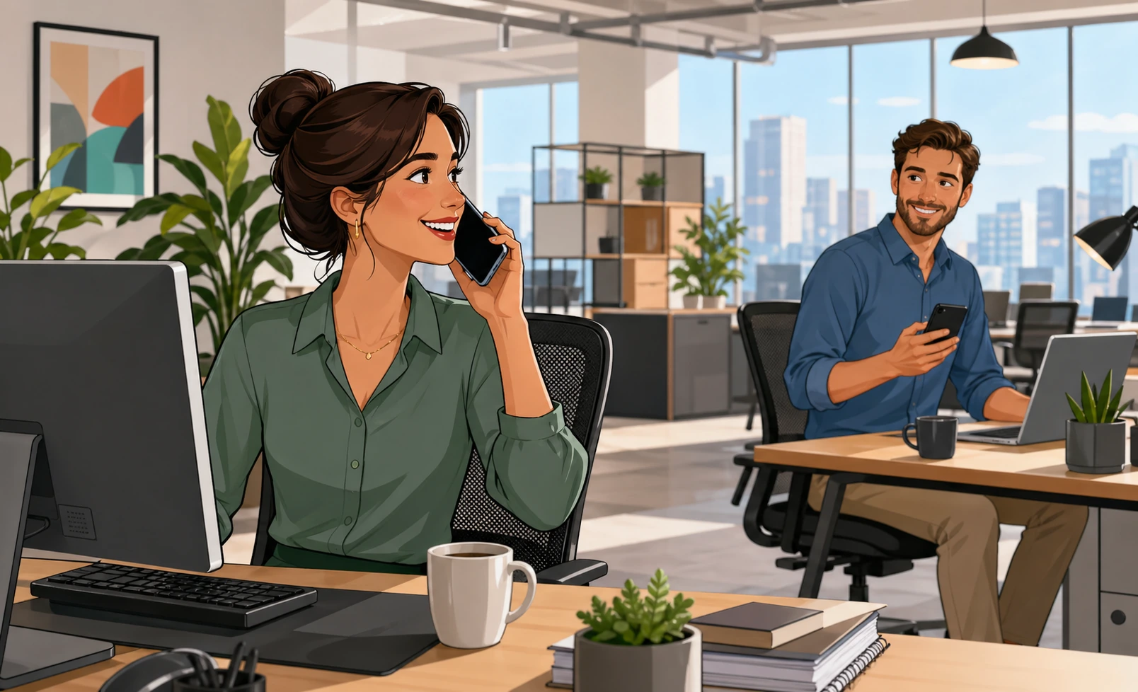 A woman in a modern office sits at her desk with a phone to her ear while a man across the room lowers his smartphone and smiles as the call ends.