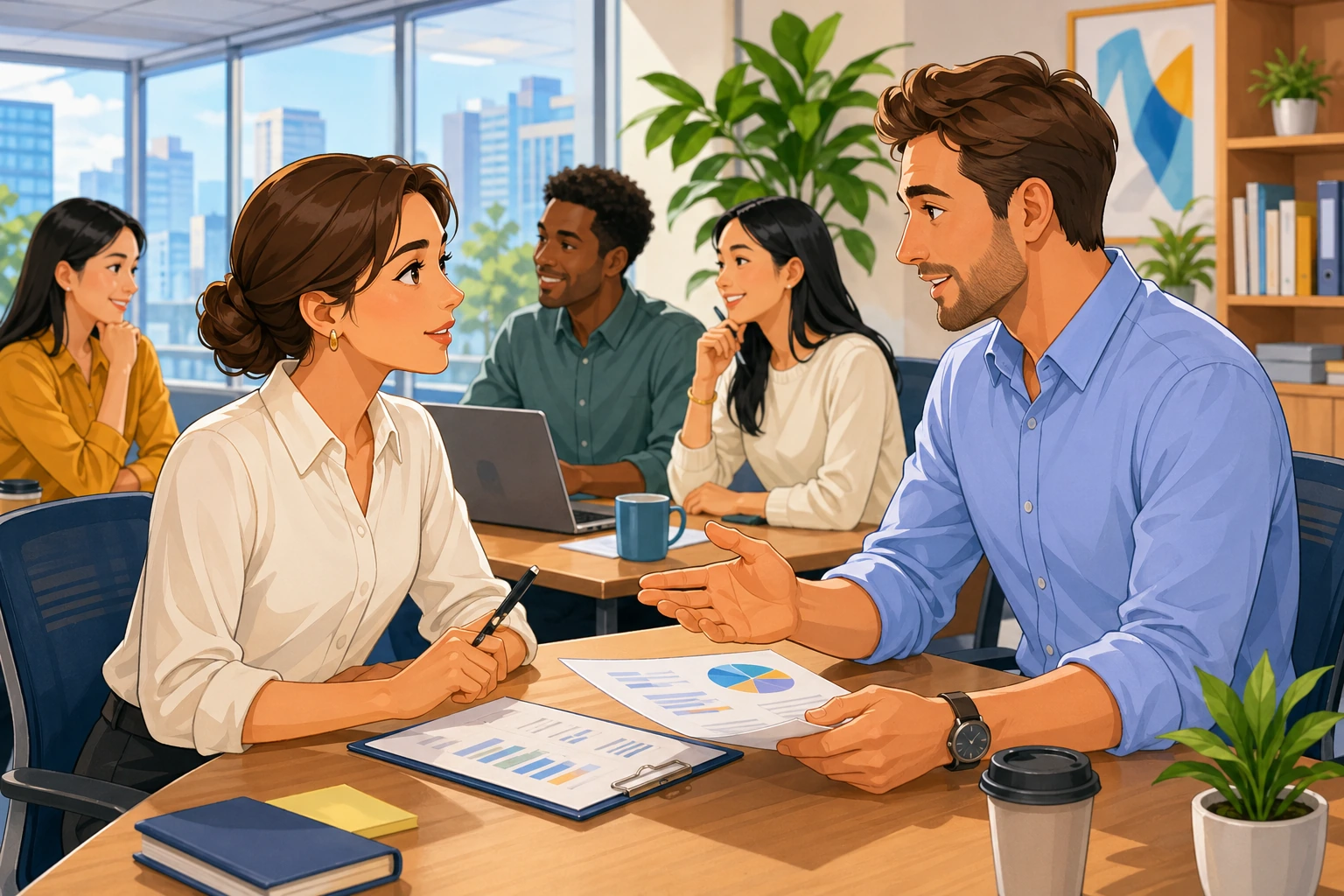 A focused woman in a business blouse and a man in a collared shirt sit across a meeting table in a bright office, discussing documents and gesturing calmly.