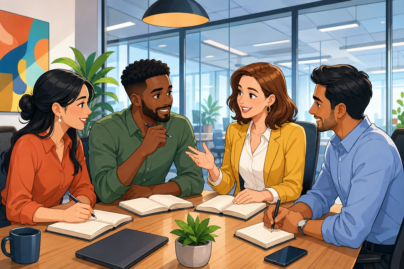 A female manager and a male coworker sit with two colleagues in a modern office meeting room, looking at notebooks and discussing updates around a table.