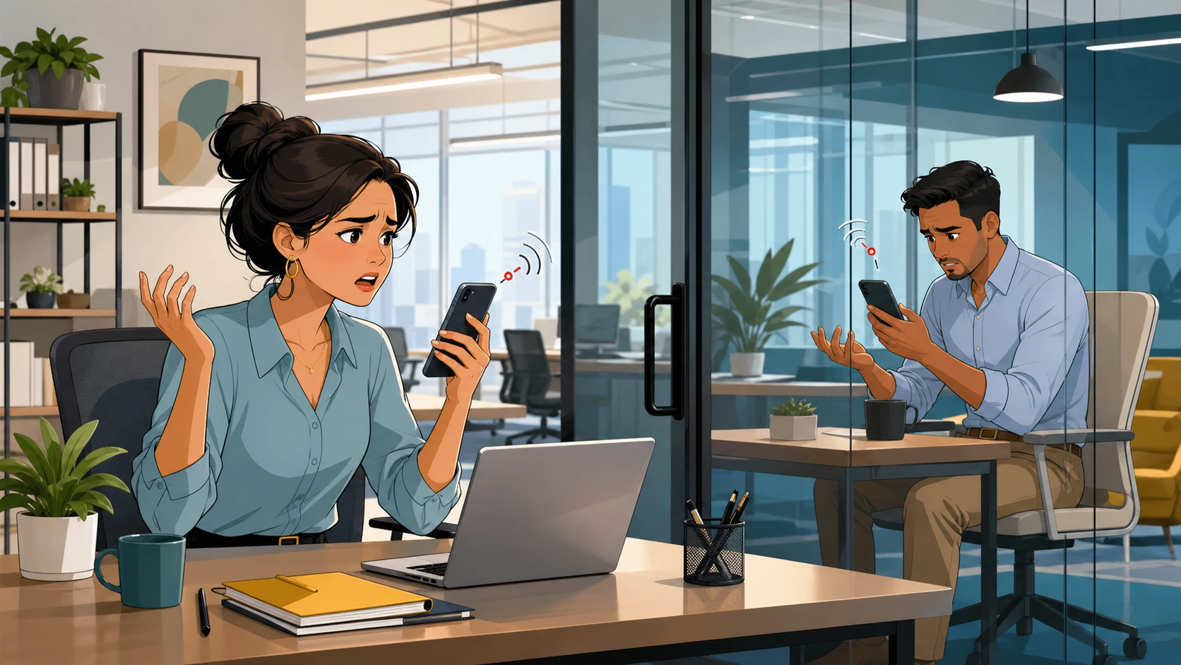 A woman in a modern office holds a smartphone at her desk while a man in a glass meeting room looks at his phone, both tense as the call cuts in and out.