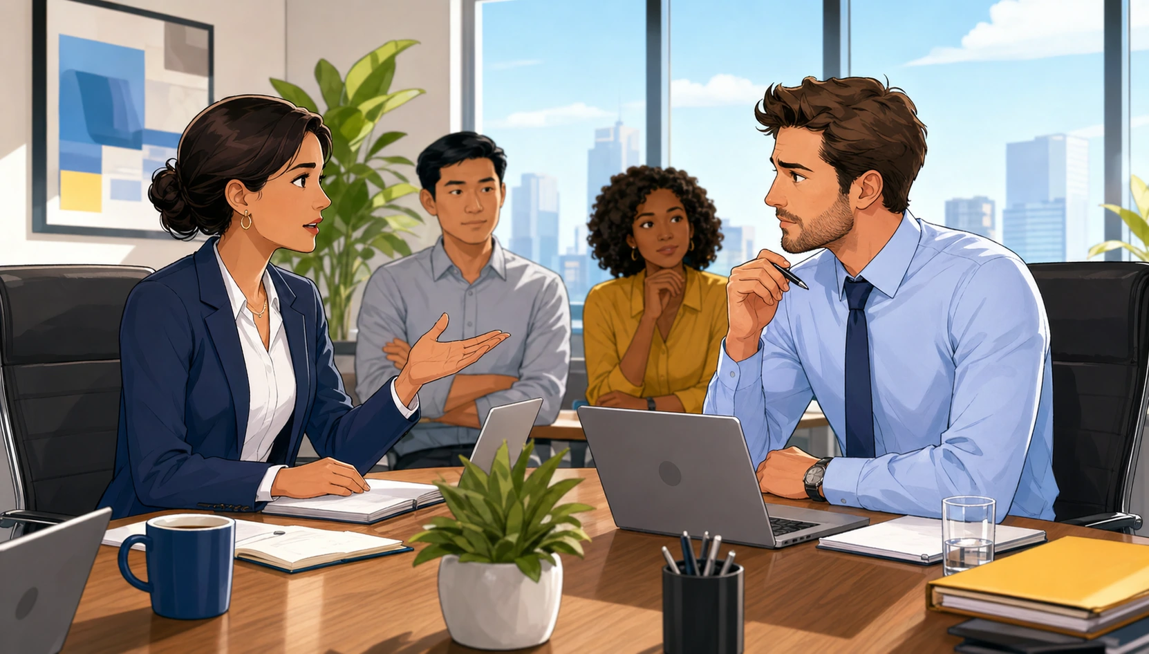 A professional woman in a blazer speaks across a meeting table to a man in a shirt and tie in a bright office conference room, with laptops, notebooks, and tense but polite negotiation energy.
