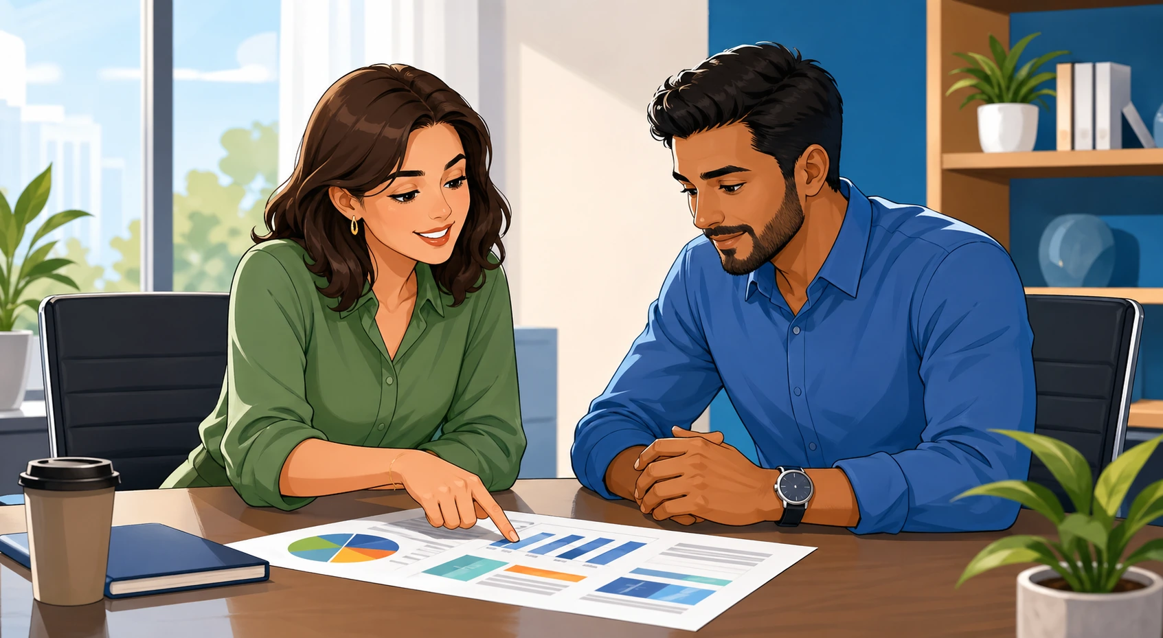 A woman and a man sit at a meeting table in a modern office, looking at a printed report while the woman points to one section.