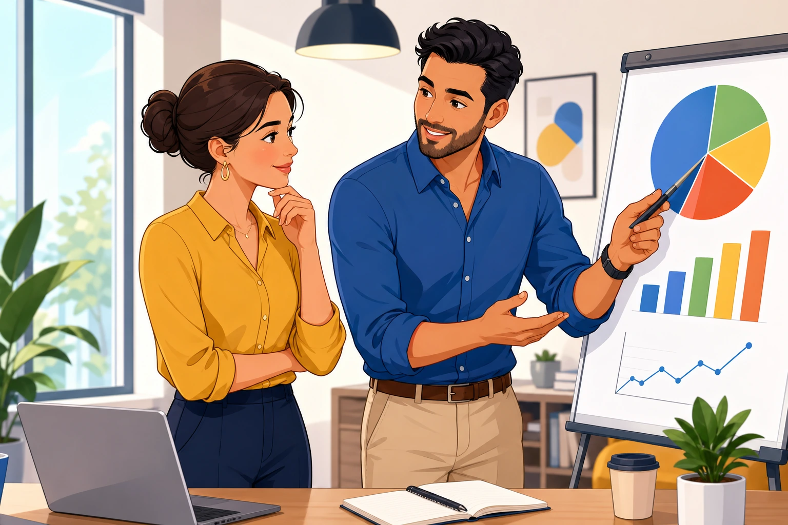 A woman and a man stand in a bright office meeting room beside a laptop and notepad, with the man pointing at a chart while the woman listens closely.