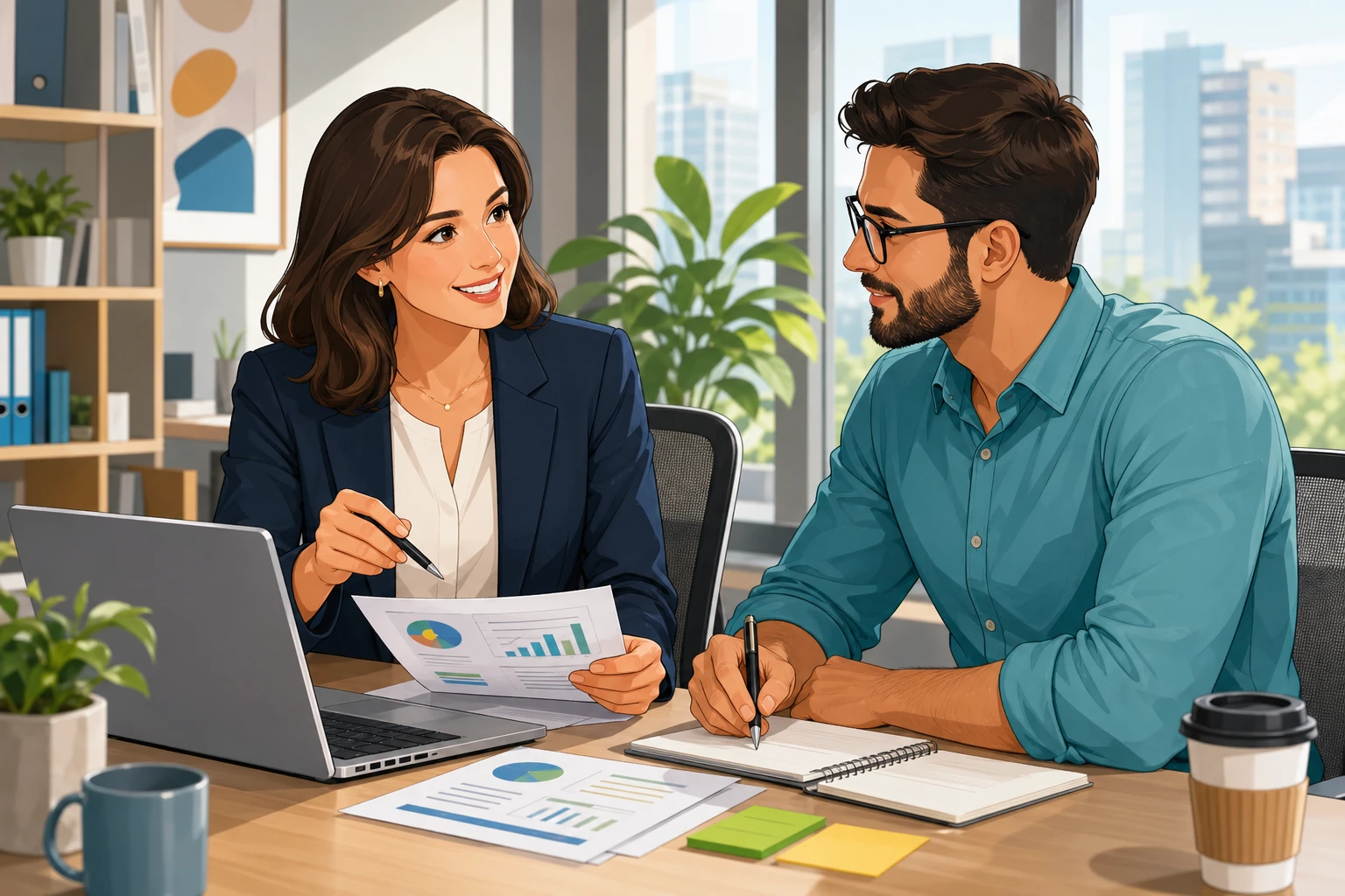 A woman in business clothes sits across from a man in a bright office with a laptop, papers, and a coffee cup on the table as they review a project together.