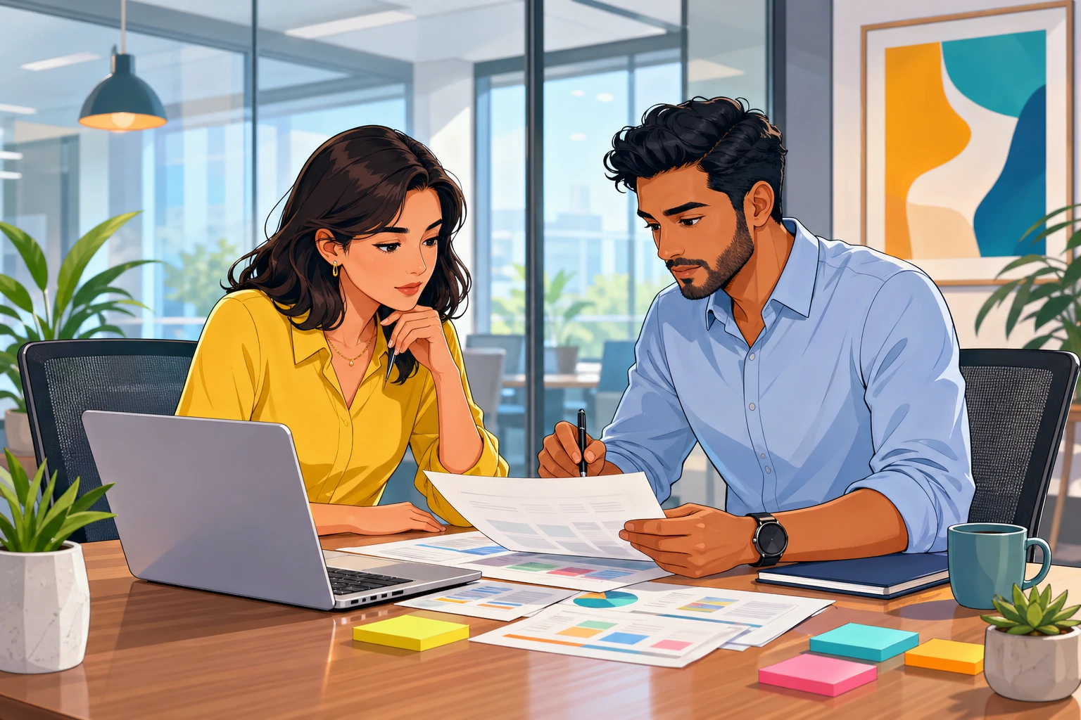 A woman and a man sit in a modern office meeting room with a laptop, papers, and sticky notes on the table, looking serious as they review a project plan.