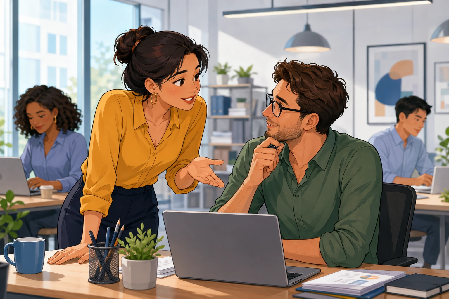 A young woman in a modern office leans toward a male coworker across a desk with a laptop and paperwork, asking for help in a bright workroom.
