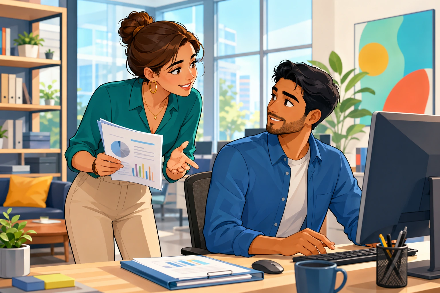 A woman at a desk in a bright office leans toward a man sitting at a computer, holding a report and asking for help while the man looks up from his work.