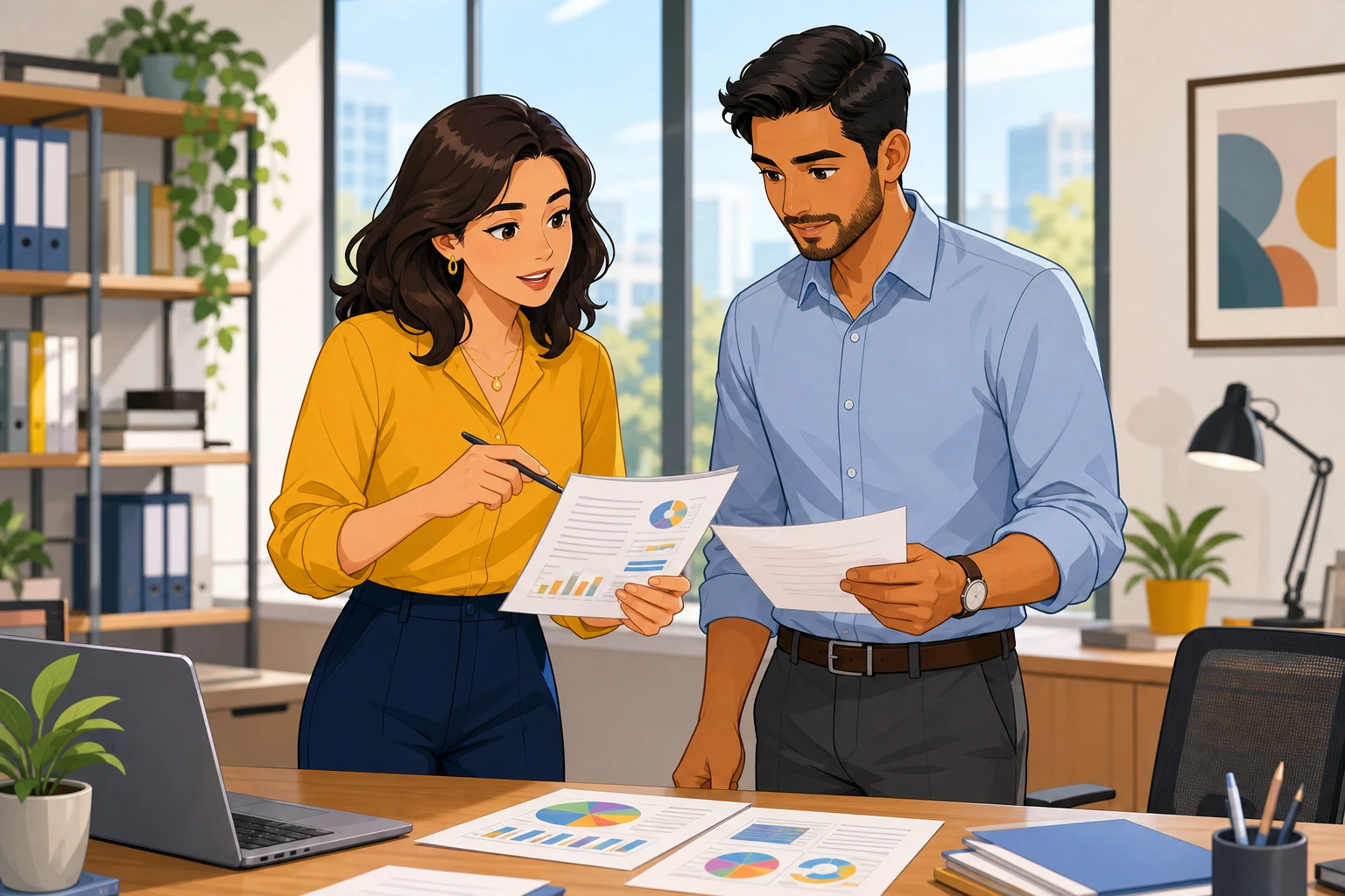 A woman and a man stand beside a desk in a bright office, looking at printed reports and discussing edits with calm, focused expressions.