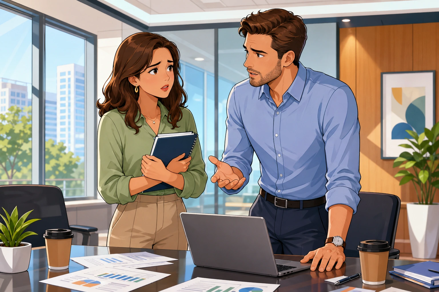 In a bright office meeting room, a woman with a notebook looks worriedly at a man beside a laptop as they stand near a table covered with papers and coffee cups.