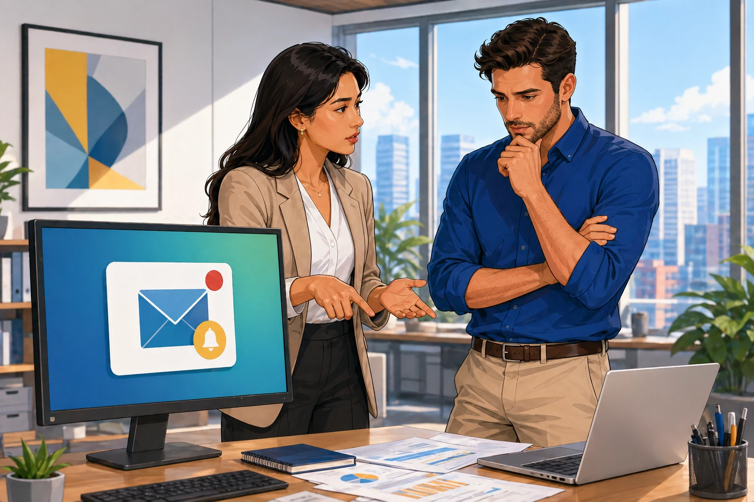 A professional woman and a male coworker stand near a desk with papers and a laptop in a bright office, talking seriously about a message on a screen.