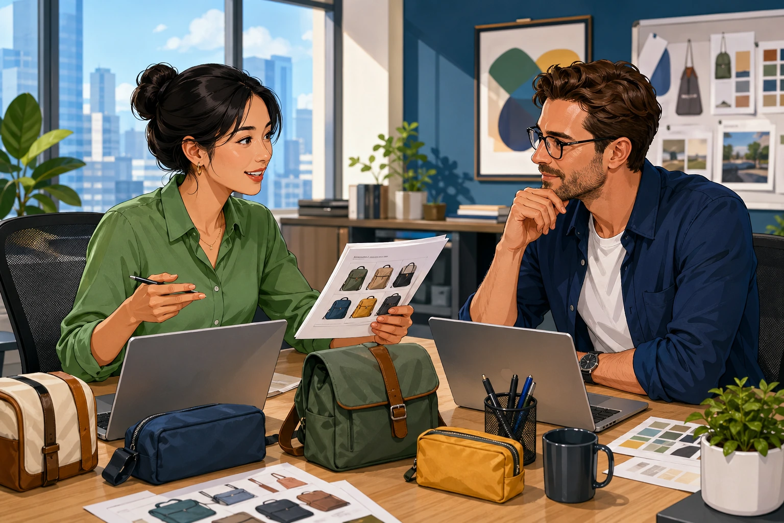 A woman and a man sit at a modern office table with laptops and product samples, discussing a supplier while reviewing papers.