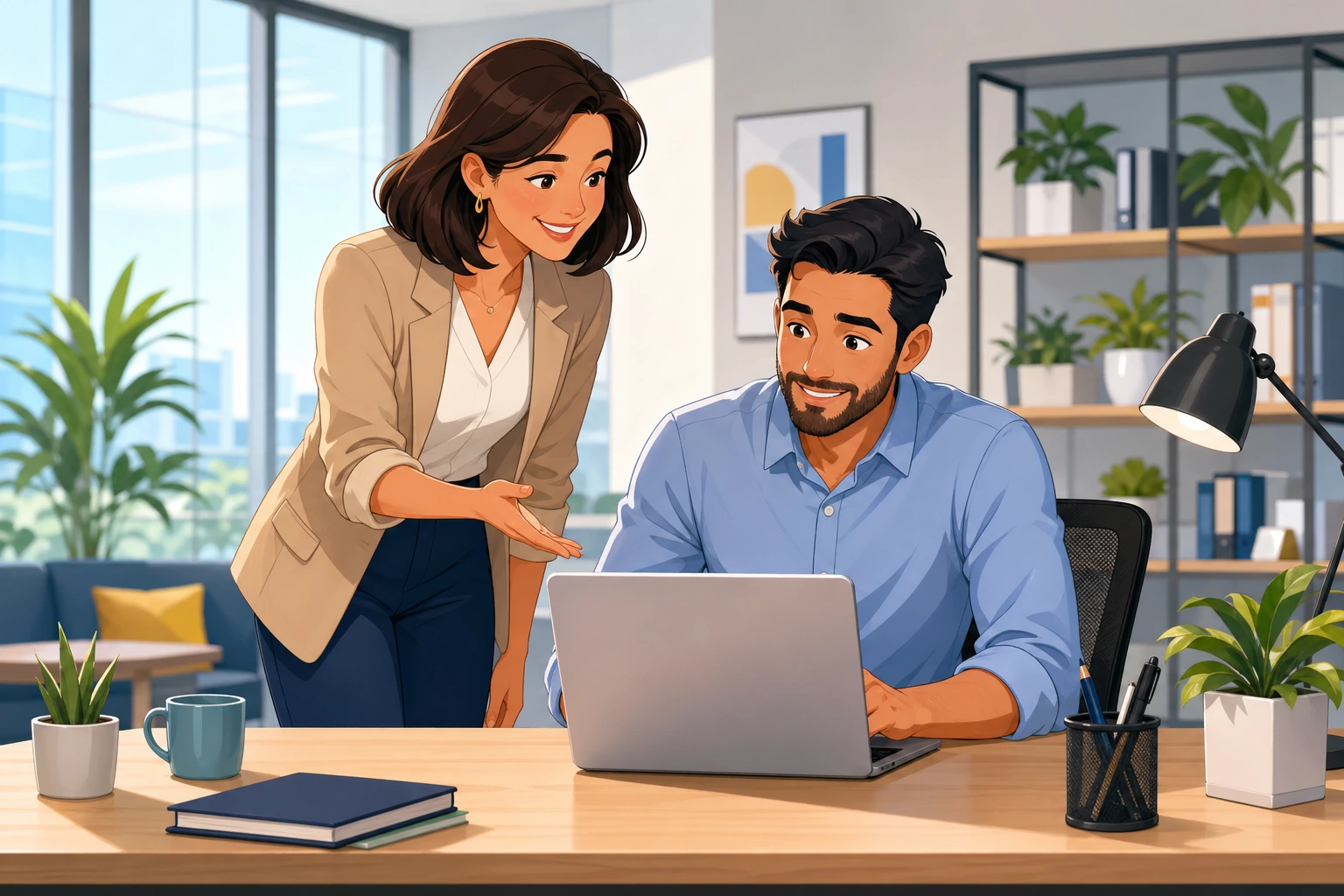A woman in business casual clothes stands beside a desk offering help to a male coworker who is looking at a laptop in a bright modern office.