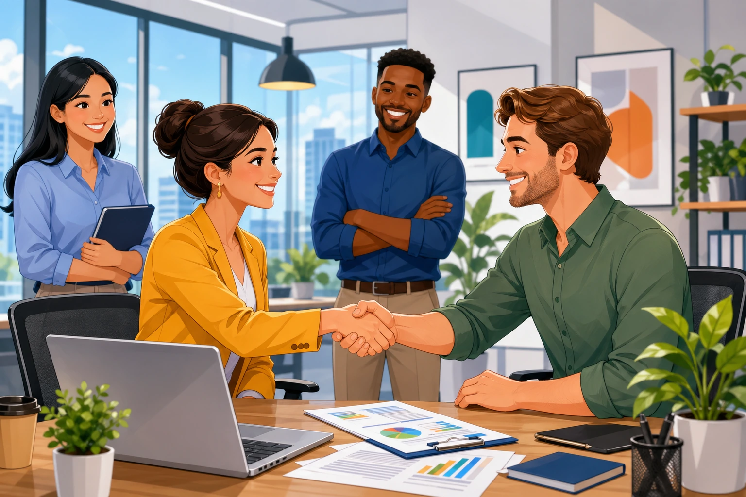 A focused woman in a modern office shakes hands with a male colleague across a desk with papers and a laptop, both smiling after reaching a business agreement.
