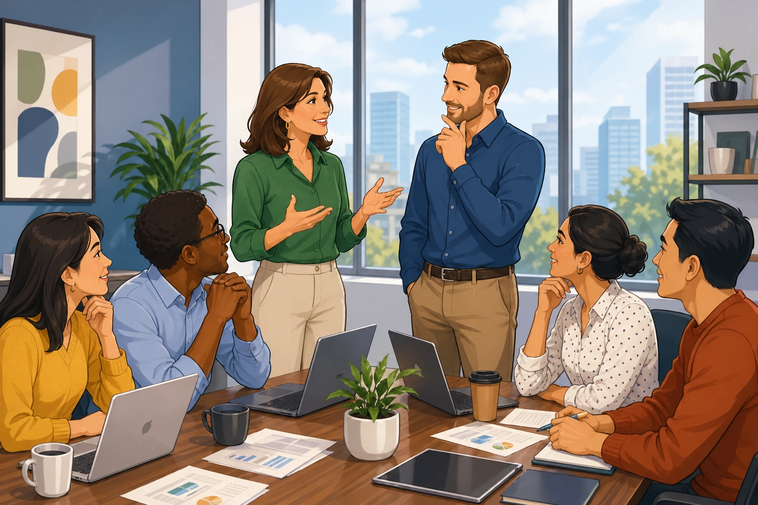 A female manager and a male coworker stand beside a conference table in a bright office meeting room with laptops, papers, and other seated teammates listening as they talk quietly.