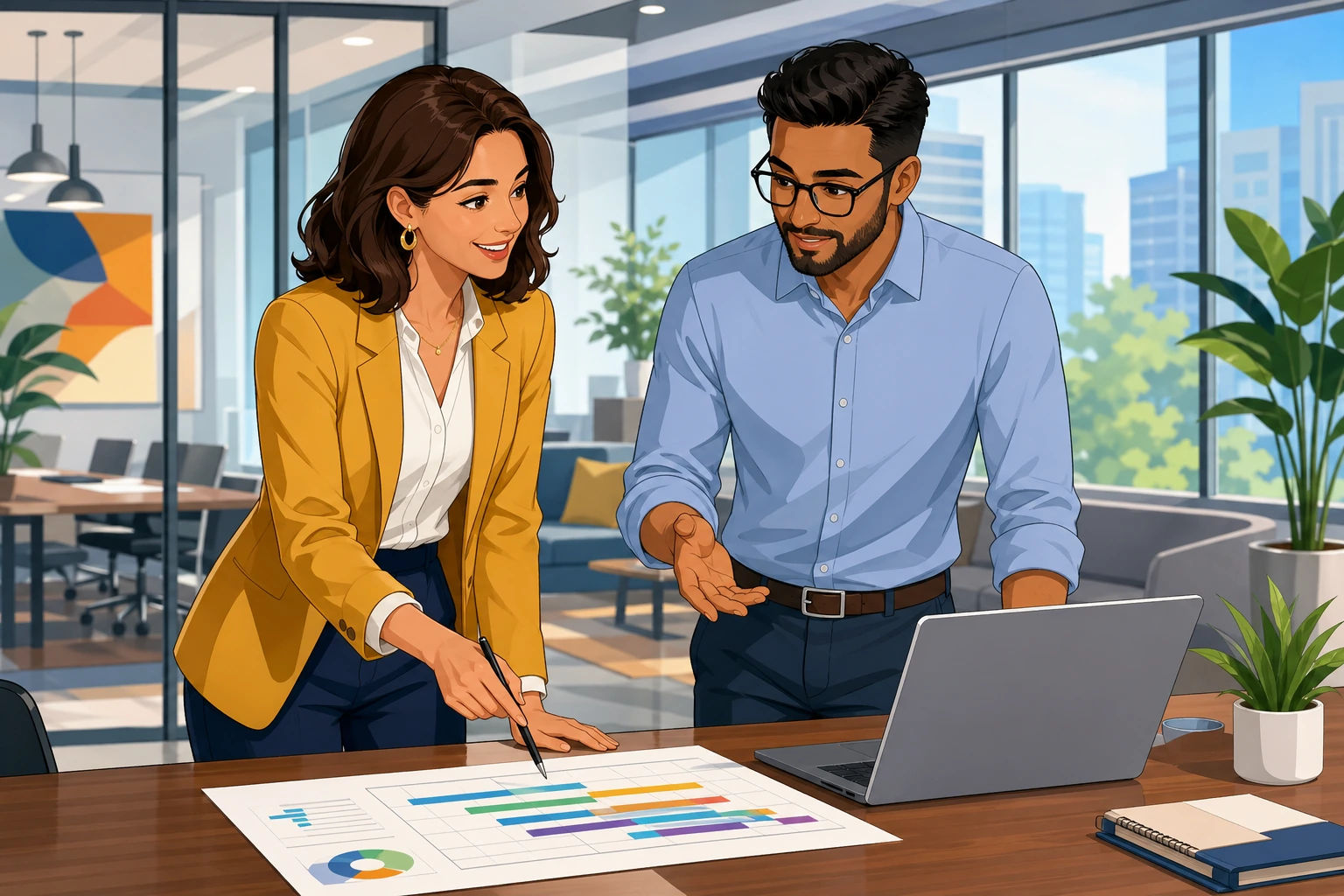 A professional woman and a man in a modern office stand by a laptop and printed charts, reviewing a project timeline beside a conference table.