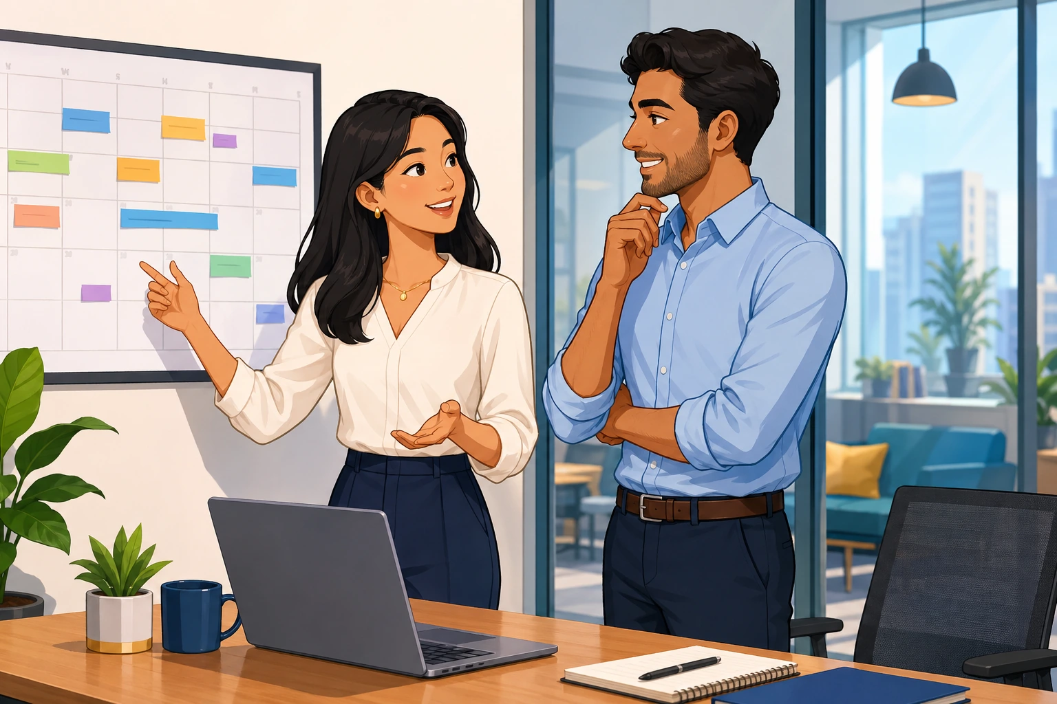 A modern office meeting room with a woman in a blouse and a man in a button-up shirt standing by a laptop and calendar, discussing a project schedule.