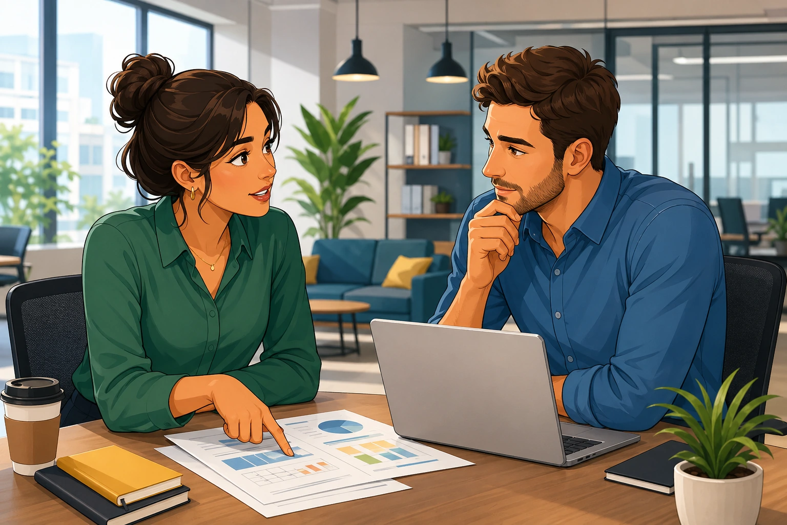 A woman and a man sit across a modern office table with a laptop and project papers, and the woman points at a deadline while the man listens thoughtfully.