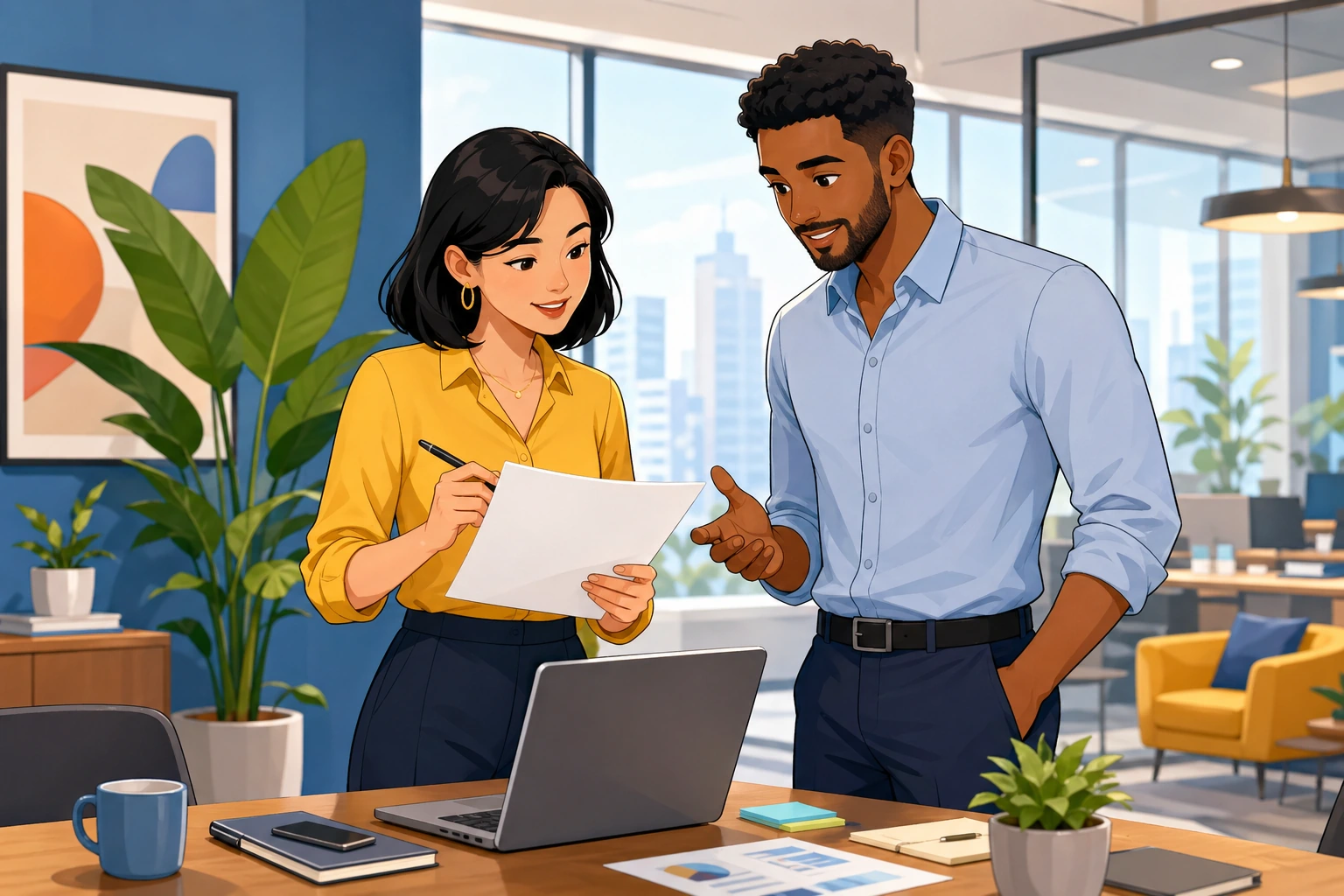 A woman and a man stand beside a conference table in a modern office, looking at papers and a laptop during a calm work discussion.