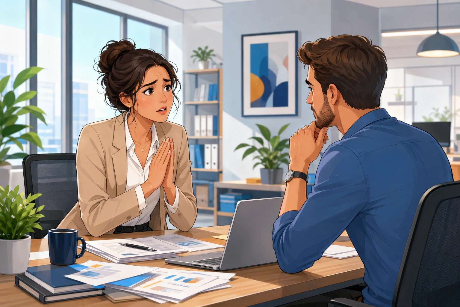 A stressed businesswoman in a modern office apologizes to a male colleague across a desk with papers and a laptop.