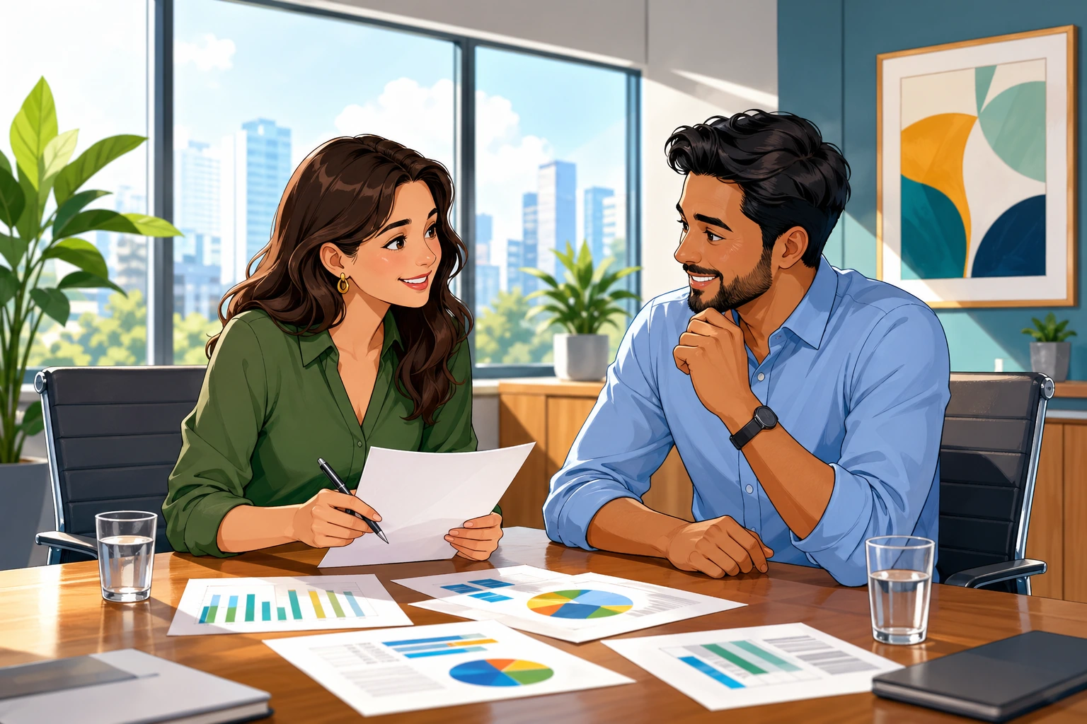 A female employee and a male coworker sit at a conference table in a bright office, looking over printed reports and discussing ideas.